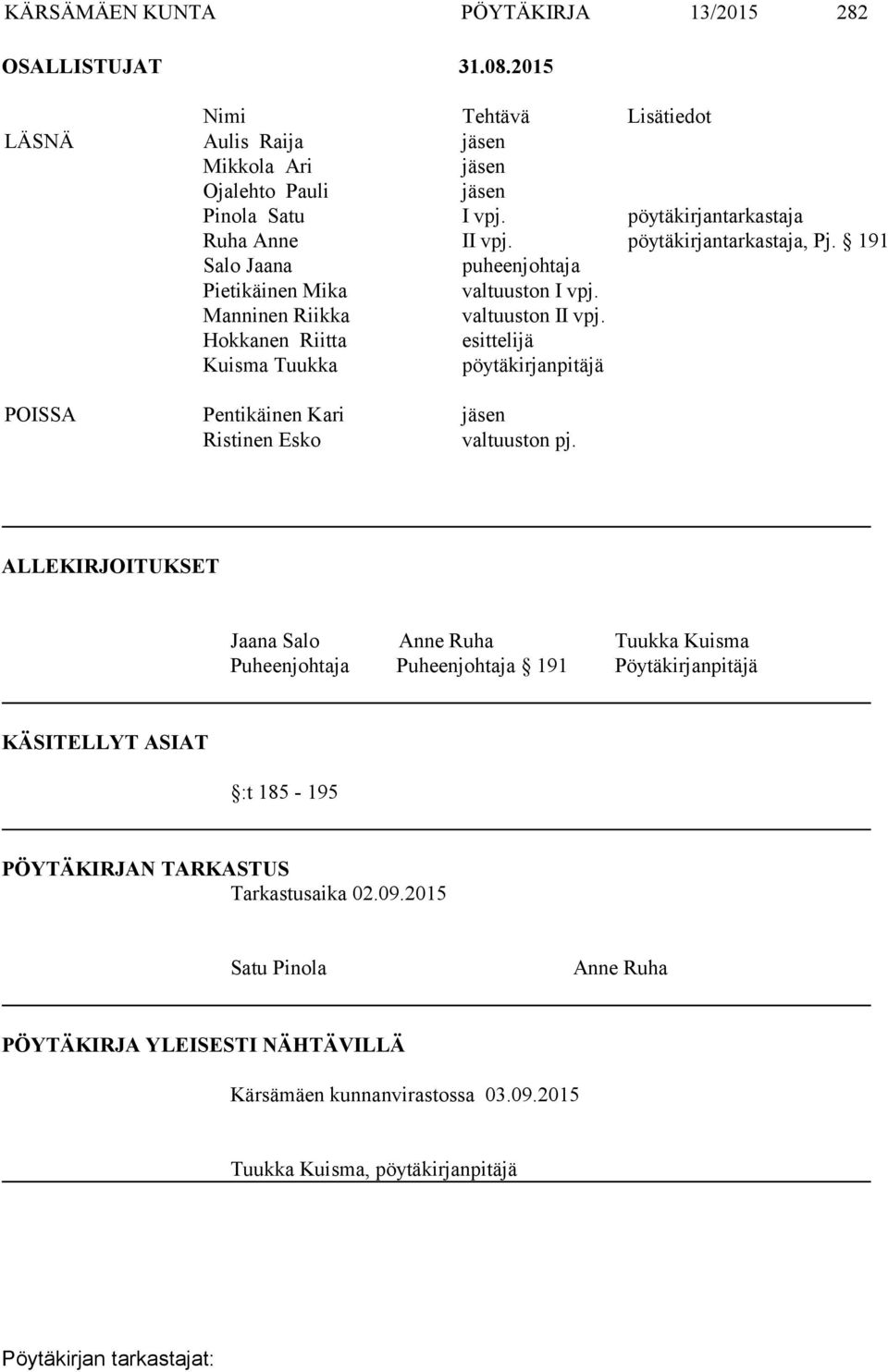 Hokkanen Riitta esittelijä Kuisma Tuukka pöytäkirjanpitäjä POISSA Pentikäinen Kari jäsen Ristinen Esko valtuuston pj.