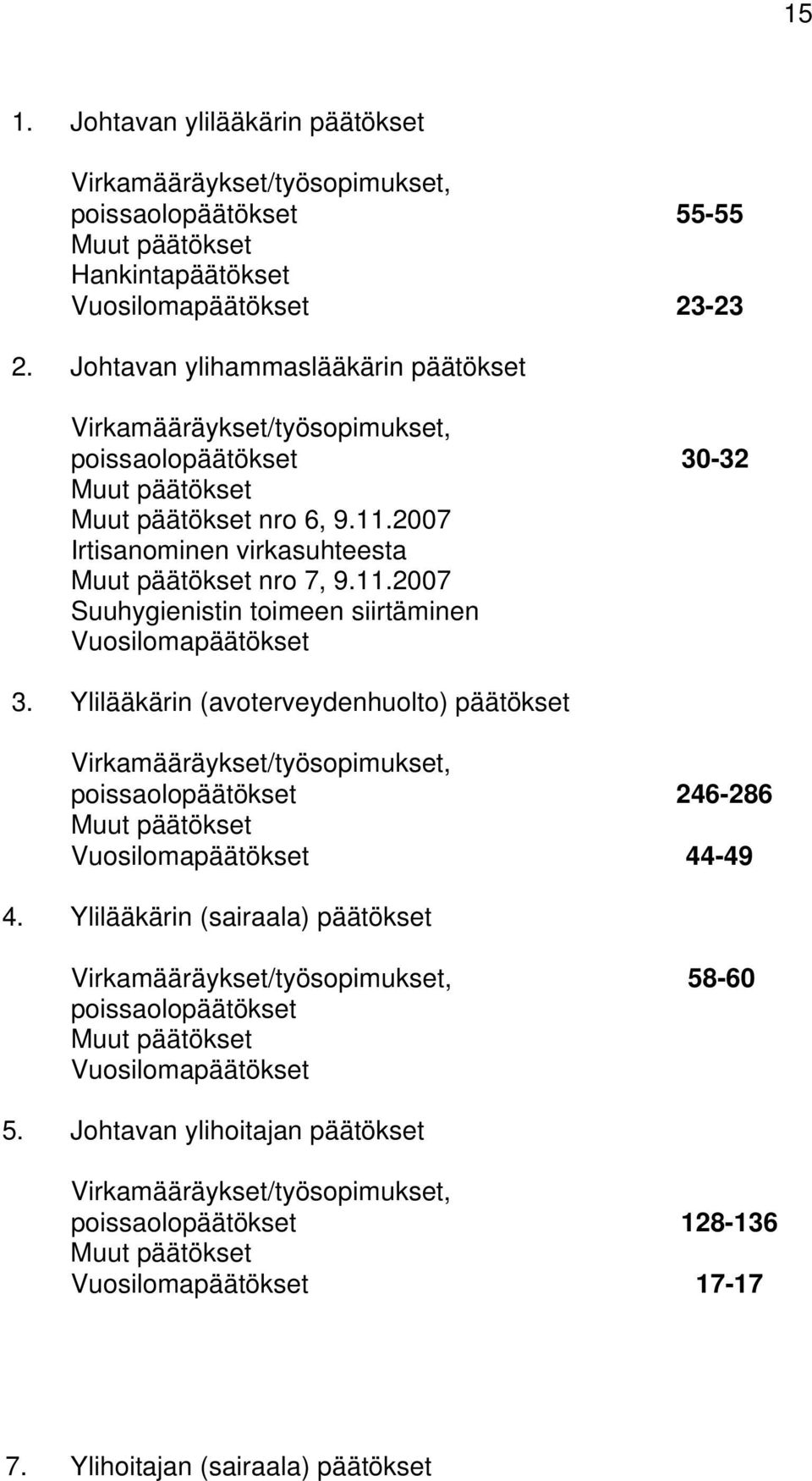 Ylilääkärin (avoterveydenhuolto) päätökset Virkamääräykset/työsopimukset, poissaolopäätökset 246-286 Muut päätökset Vuosilomapäätökset 44-49 4.