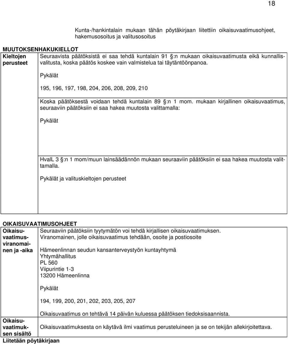 Pykälät 195, 196, 197, 198, 204, 206, 208, 209, 210 Koska päätöksestä voidaan tehdä kuntalain 89 :n 1 mom.