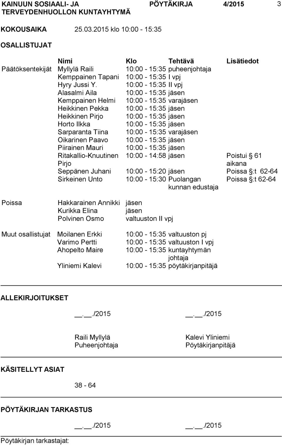 10:00-15:35 II vpj Alasalmi Aila 10:00-15:35 jäsen Kemppainen Helmi 10:00-15:35 varajäsen Heikkinen Pekka 10:00-15:35 jäsen Heikkinen Pirjo 10:00-15:35 jäsen Horto Ilkka 10:00-15:35 jäsen Sarparanta