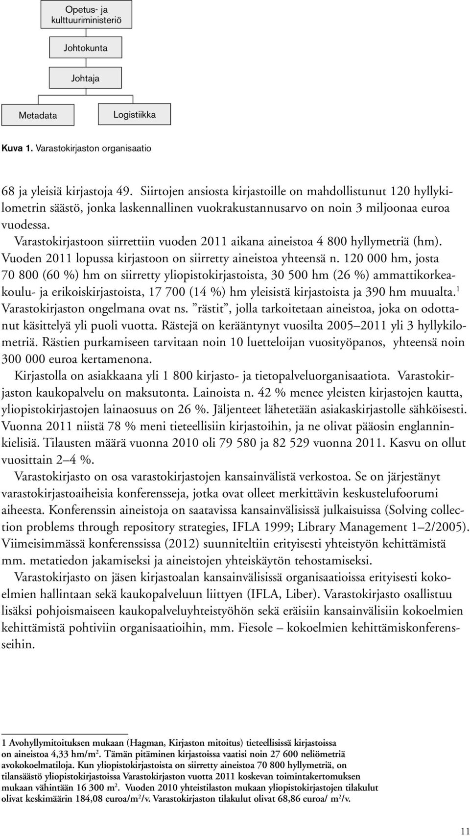 Varastokirjastoon siirrettiin vuoden 2011 aikana aineistoa 4 800 hyllymetriä (hm). Vuoden 2011 lopussa kirjastoon on siirretty aineistoa yhteensä n.