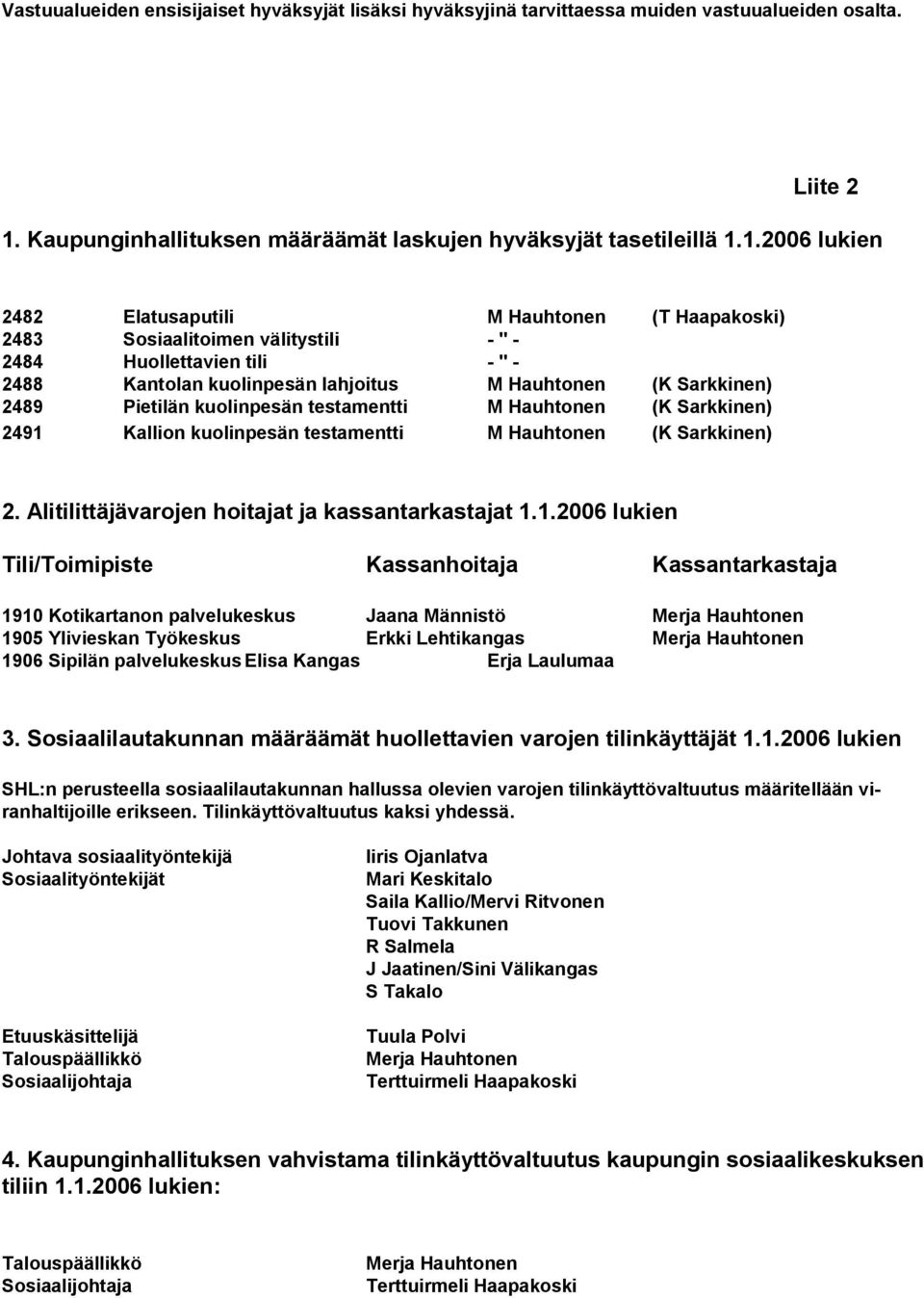 1.2006 lukien 2482 Elatusaputili M Hauhtonen (T Haapakoski) 2483 Sosiaalitoimen välitystili - " - 2484 Huollettavien tili - " - 2488 Kantolan kuolinpesän lahjoitus M Hauhtonen (K Sarkkinen) 2489