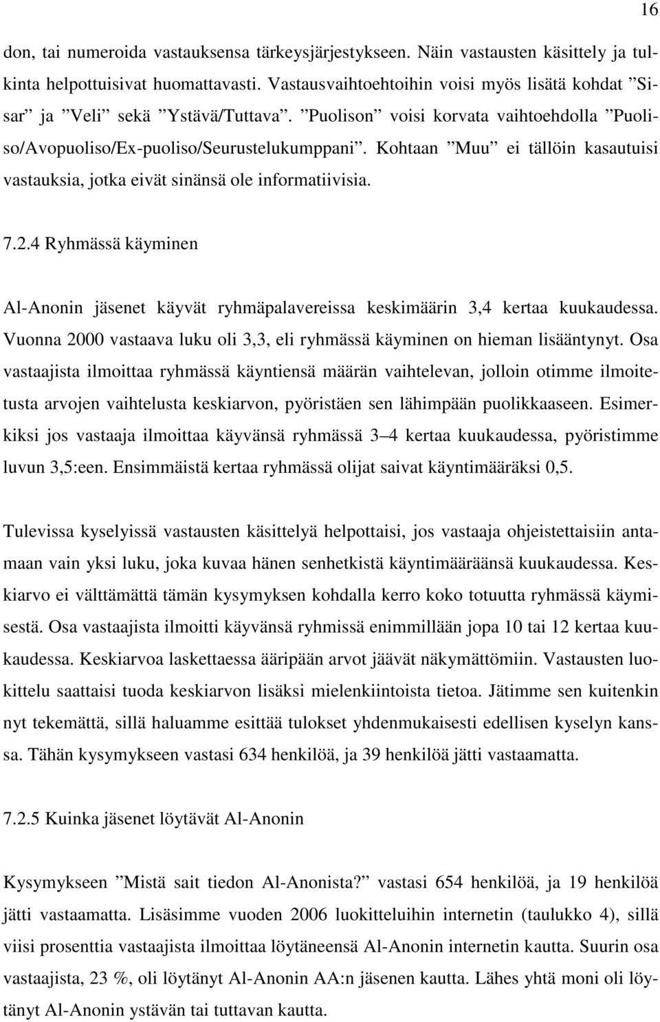 Kohtaan Muu ei tällöin kasautuisi vastauksia, jotka eivät sinänsä ole informatiivisia. 7.2.4 Ryhmässä käyminen Al-Anonin jäsenet käyvät ryhmäpalavereissa keskimäärin 3,4 kertaa kuukaudessa.