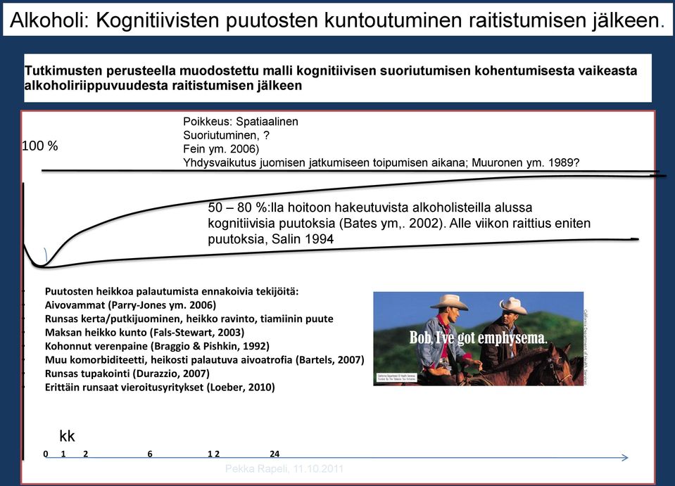 2006) Yhdysvaikutus juomisen jatkumiseen toipumisen aikana; Muuronen ym. 1989? 50 80 %:lla hoitoon hakeutuvista alkoholisteilla alussa kognitiivisia puutoksia (Bates ym,. 2002).