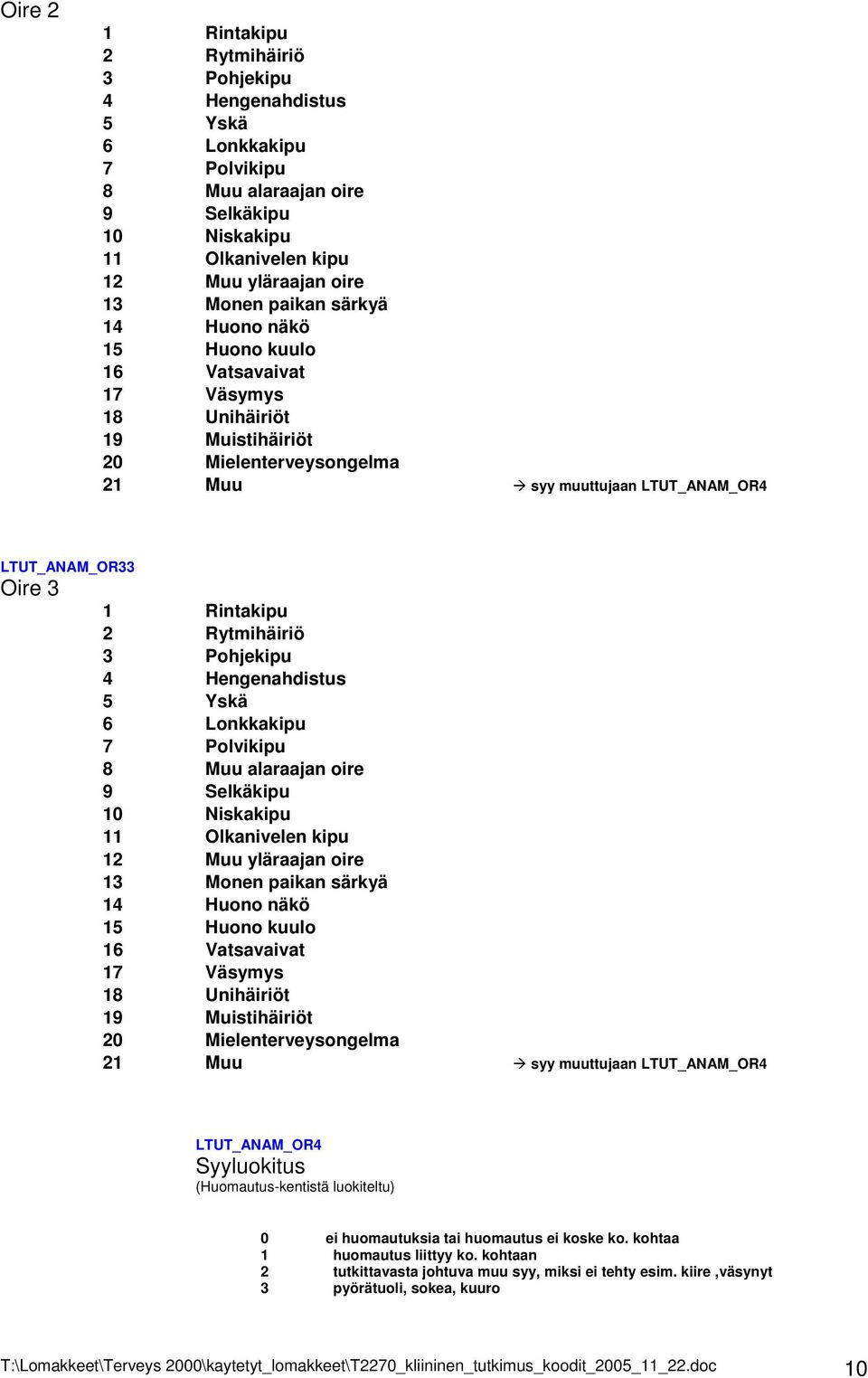 Rytmihäiriö 3 Pohjekipu 4 Hengenahdistus 5 Yskä 6 Lonkkakipu 7 Polvikipu 8 Muu alaraajan oire 9 Selkäkipu 10 Niskakipu 11 Olkanivelen kipu 12 Muu yläraajan oire 13 Monen paikan särkyä 14 Huono näkö