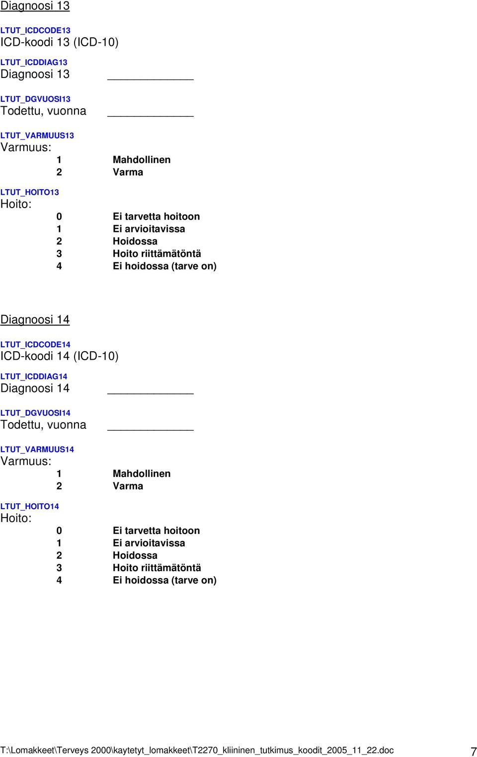 (ICD-10) LTUT_ICDDIAG14 Diagnoosi 14 LTUT_DGVUOSI14 Todettu, vuonna LTUT_VARMUUS14 Varmuus: LTUT_HOITO14