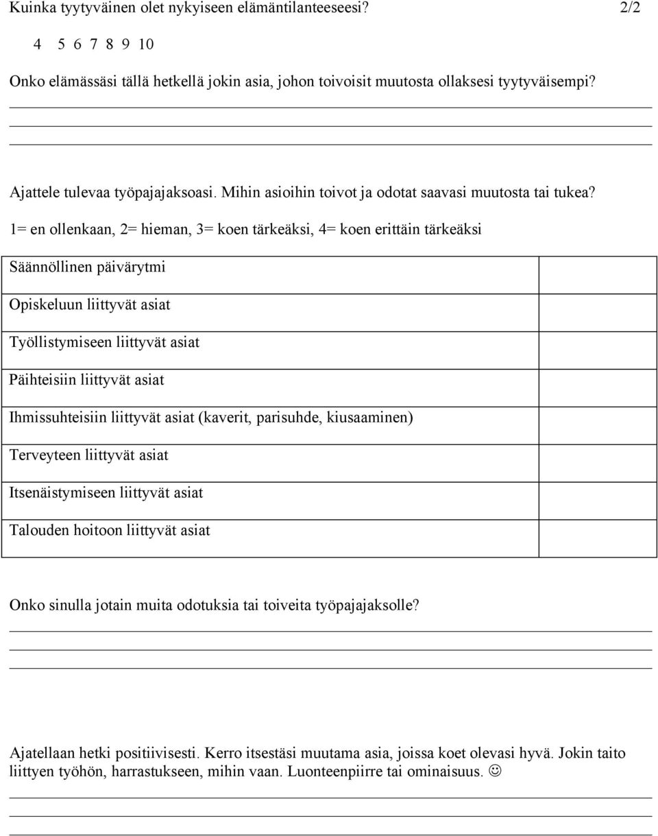 1= en ollenkaan, 2= hieman, 3= koen tärkeäksi, 4= koen erittäin tärkeäksi Säännöllinen päivärytmi Opiskeluun liittyvät asiat Työllistymiseen liittyvät asiat Päihteisiin liittyvät asiat
