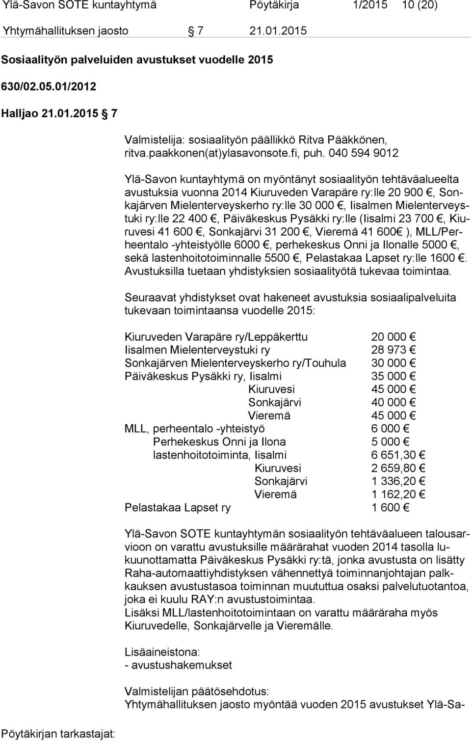 040 594 9012 Ylä-Savon kuntayhtymä on myöntänyt sosiaalityön tehtäväalueelta avus tuk sia vuonna 2014 Kiuruveden Varapäre ry:lle 20 900, Sonka jär ven Mielenterveyskerho ry:lle 30 000, Iisalmen Mie