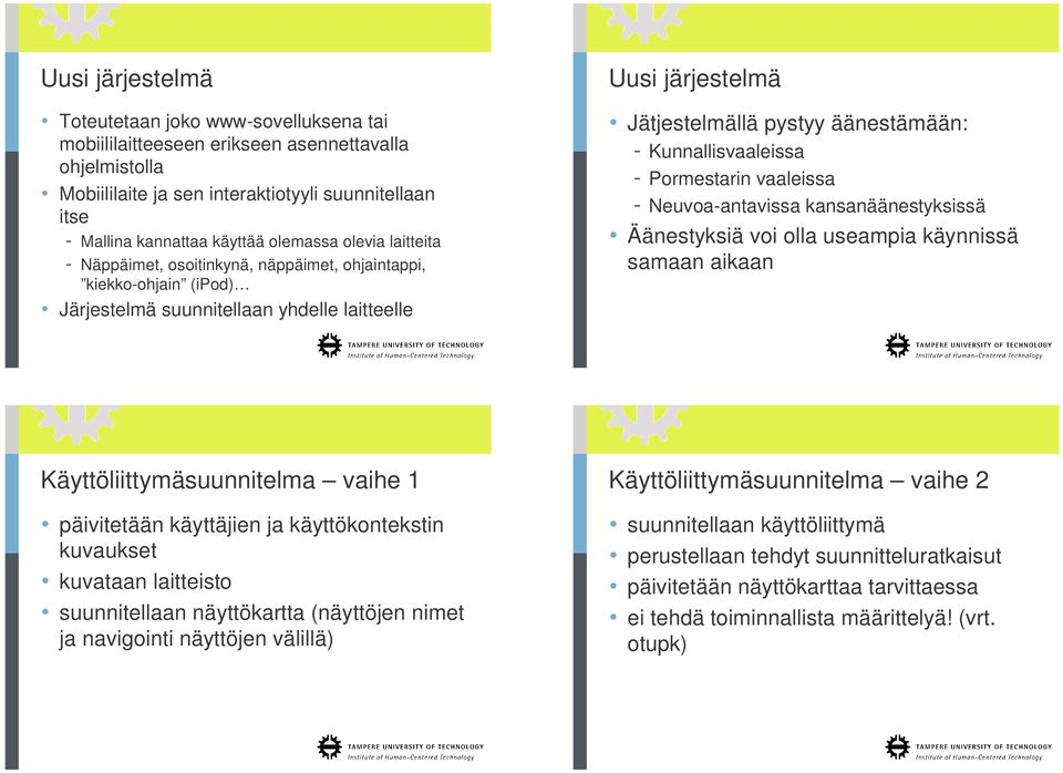 Kunnallisvaaleissa - Pormestarin vaaleissa - Neuvoa-antavissa kansanäänestyksissä Äänestyksiä voi olla useampia käynnissä samaan aikaan Käyttöliittymäsuunnitelma vaihe 1 päivitetään käyttäjien ja