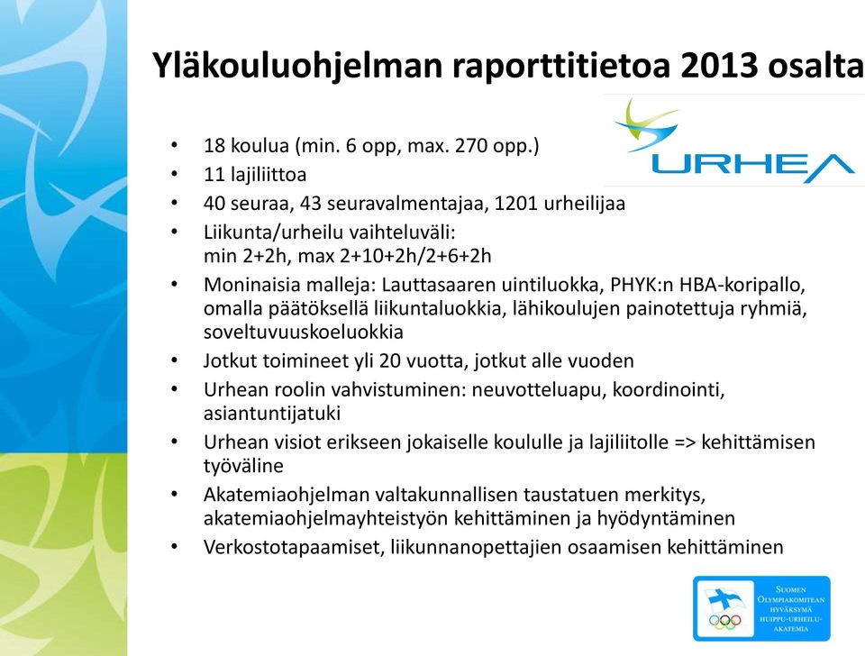 HBA-koripallo, omalla päätöksellä liikuntaluokkia, lähikoulujen painotettuja ryhmiä, soveltuvuuskoeluokkia Jotkut toimineet yli 20 vuotta, jotkut alle vuoden Urhean roolin vahvistuminen: