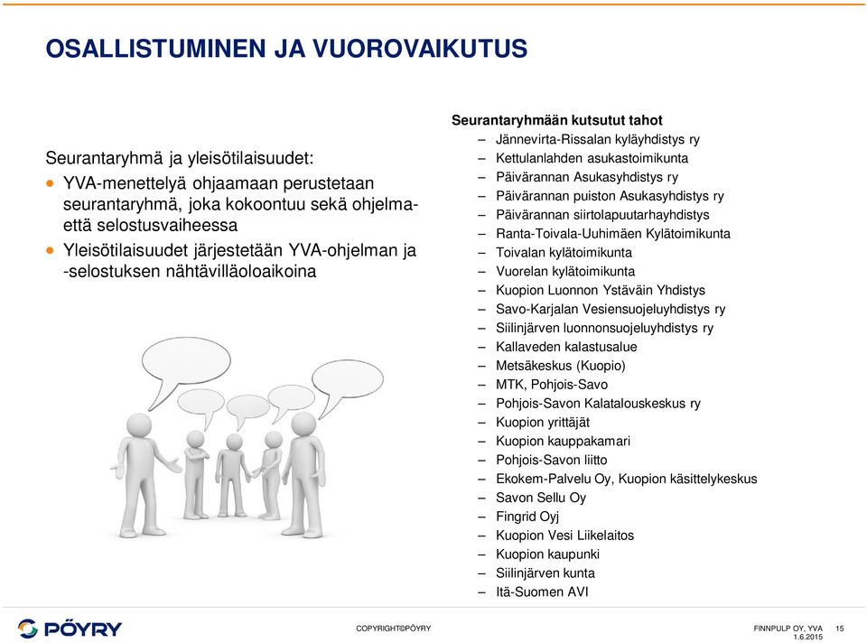 Päivärannan puiston Asukasyhdistys ry Päivärannan siirtolapuutarhayhdistys Ranta-Toivala-Uuhimäen Kylätoimikunta Toivalan kylätoimikunta Vuorelan kylätoimikunta Kuopion Luonnon Ystäväin Yhdistys