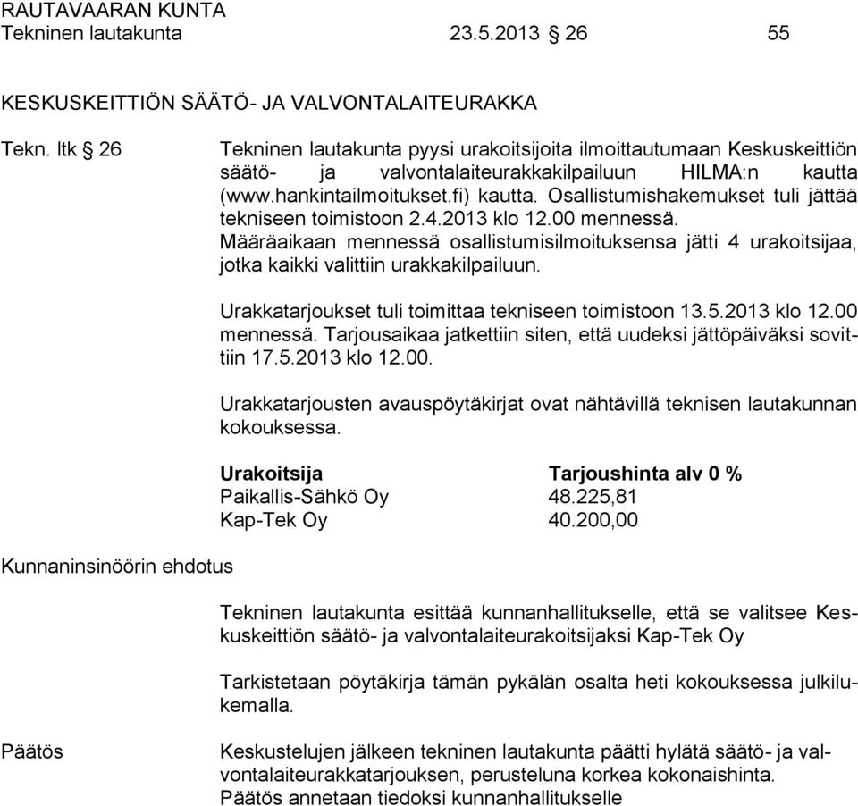 Osallistumishakemukset tuli jättää tekniseen toimistoon 2.4.2013 klo 12.00 mennessä. Määräaikaan mennessä osallistumisilmoituksensa jätti 4 urakoitsijaa, jotka kaikki valittiin urakkakilpailuun.