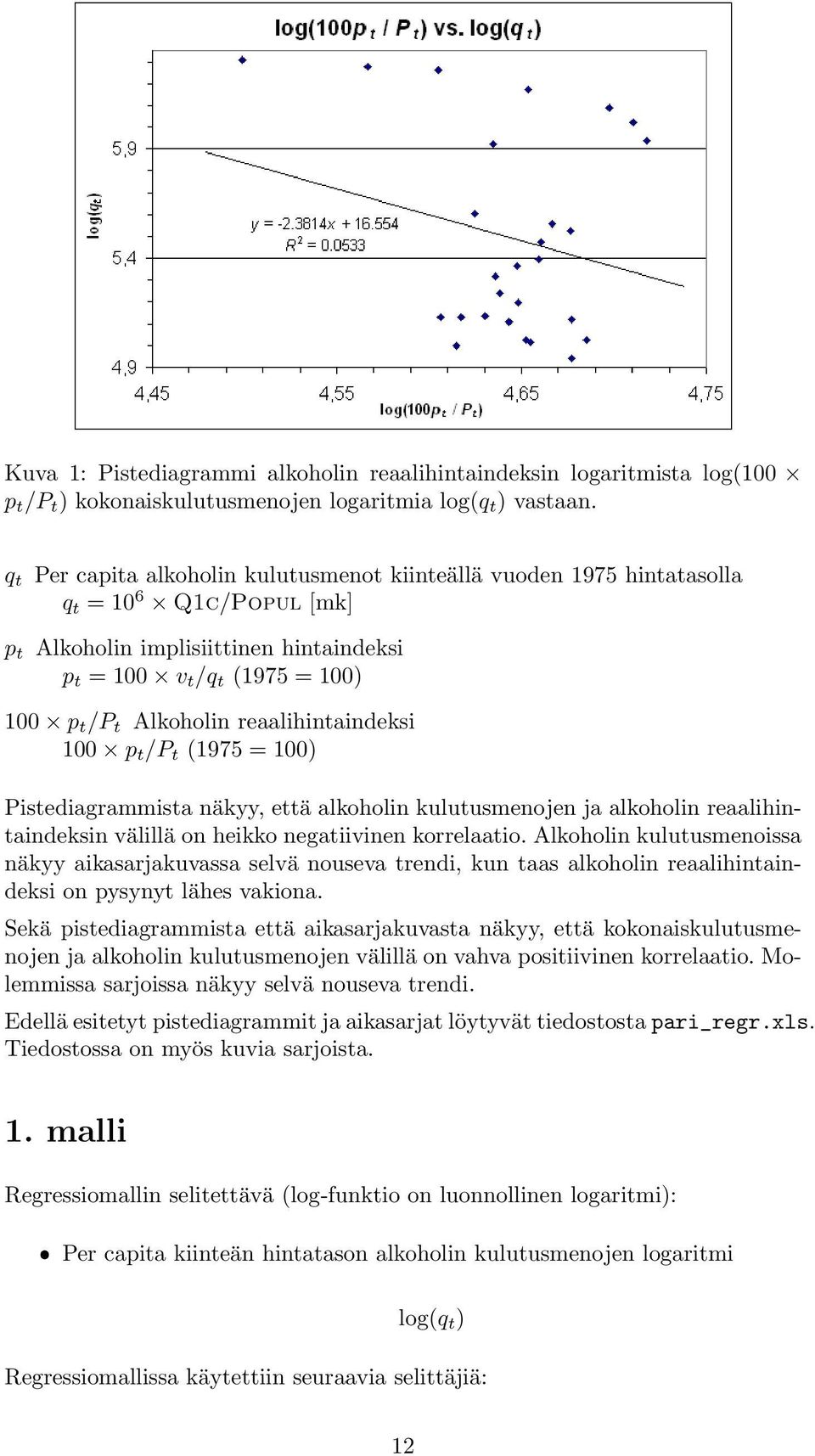 reaalihintaindeksi 100 p t /P t (1975 = 100) Pistediagrammista näkyy, että alkoholin kulutusmenojen ja alkoholin reaalihintaindeksin välillä on heikko negatiivinen korrelaatio.