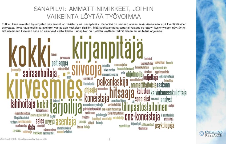 Sanapilvi on samaan aikaan sekä visuaalinen että kvantitatiivinen esitystapa, joka havainnollistaa avointen vastausten