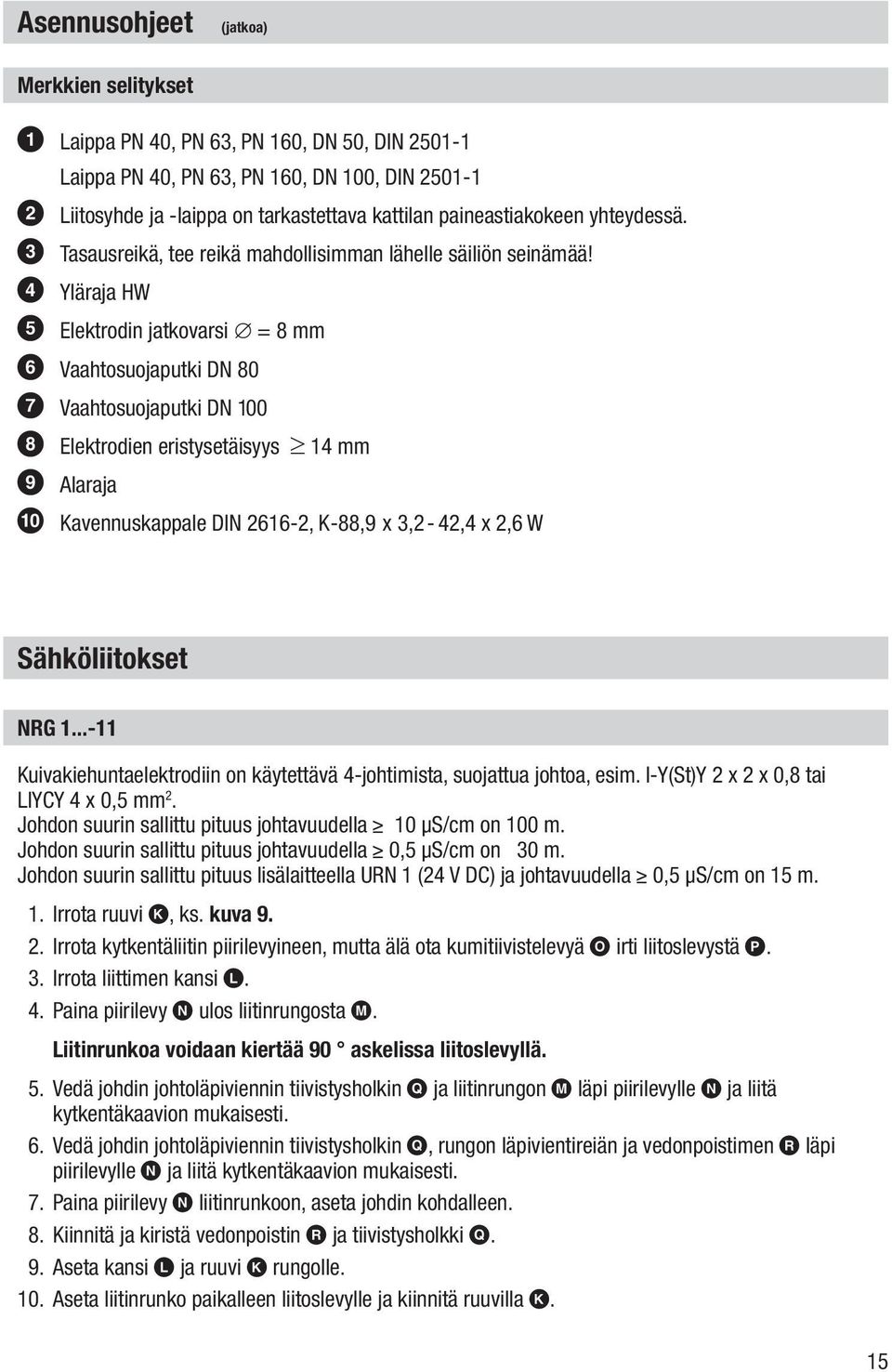 4 Yläraja HW 5 Elektrodin jatkovarsi = 8 mm 6 Vaahtosuojaputki DN 80 7 Vaahtosuojaputki DN 100 8 Elektrodien eristysetäisyys 14 mm 9 Alaraja 0 Kavennuskappale DIN 2616-2, K-88,9 x 3,2-42,4 x 2,6 W