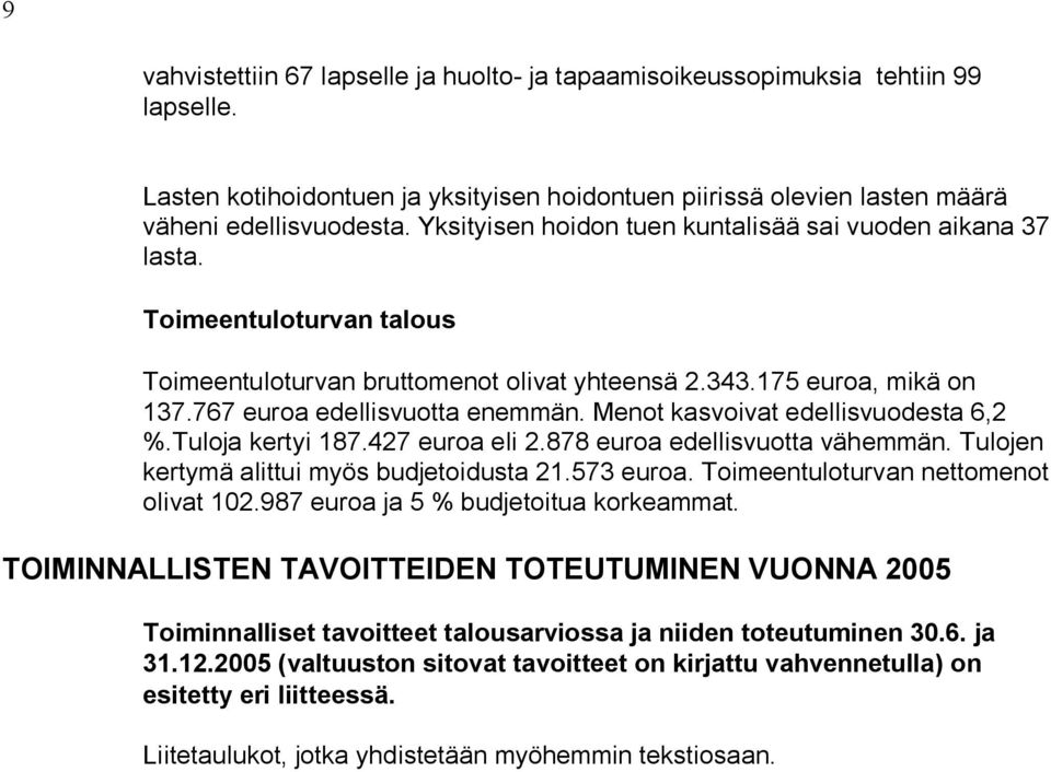 Menot kasvoivat edellisvuodesta 6,2 %.Tuloja kertyi 187.427 euroa eli 2.878 euroa edellisvuotta vähemmän. Tulojen kertymä alittui myös budjetoidusta 21.573 euroa.