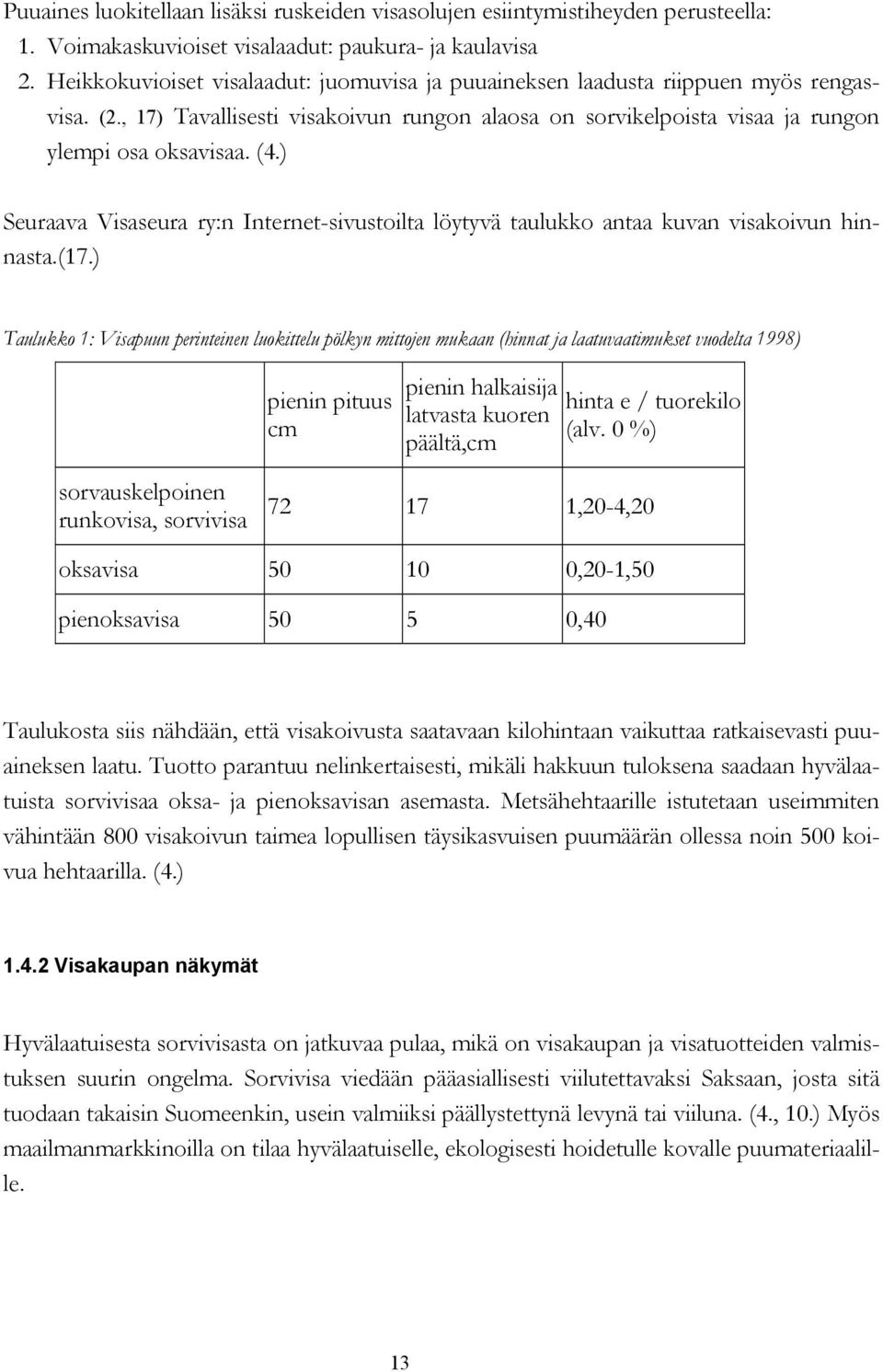 ) Seuraava Visaseura ry:n Internet-sivustoilta löytyvä taulukko antaa kuvan visakoivun hinnasta.(17.