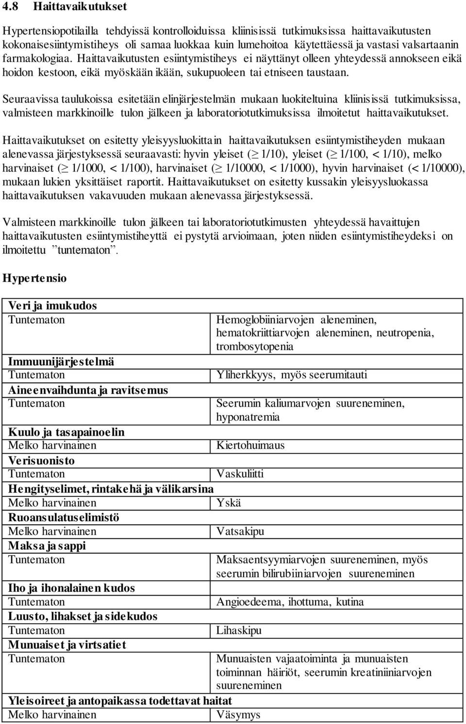 Seuraavissa taulukoissa esitetään elinjärjestelmän mukaan luokiteltuina kliinisissä tutkimuksissa, valmisteen markkinoille tulon jälkeen ja laboratoriotutkimuksissa ilmoitetut haittavaikutukset.