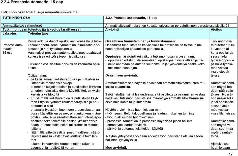 ja luokkahuoneopetuksena, ryhmätöinä, simulaatio-opetuksena ja / tai työsäoppimalla. Varsinaiset prosessinautomaatiotoimet tapahtuvat konesalissa eri työssäoppimispaikoissa.