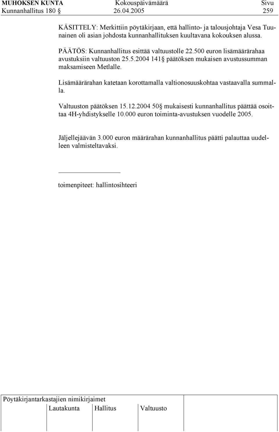 PÄÄTÖS: Kunnanhallitus esittää valtuustolle 22.500 euron lisämäärärahaa avustuksiin valtuuston 25.5.2004 141 päätöksen mukaisen avustussumman maksamiseen Metlalle.