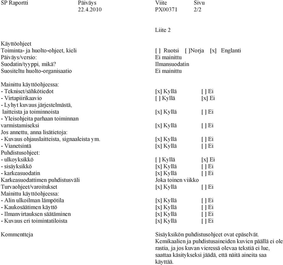 ja toiminnoista [x] Kyllä [ ] Ei - Yleisohjeita parhaan toiminnan varmistamiseksi [x] Kyllä [ ] Ei Jos annettu, anna lisätietoja: - Kuvaus ohjauslaitteista, signaaleista ym.