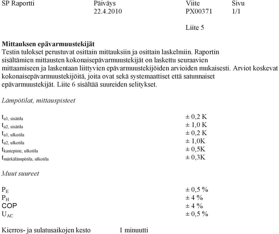 Arviot koskevat kokonaisepävarmuustekijöitä, joita ovat sekä systemaattiset että satunnaiset epävarmuustekijät. Liite 6 sisältää suureiden selitykset.