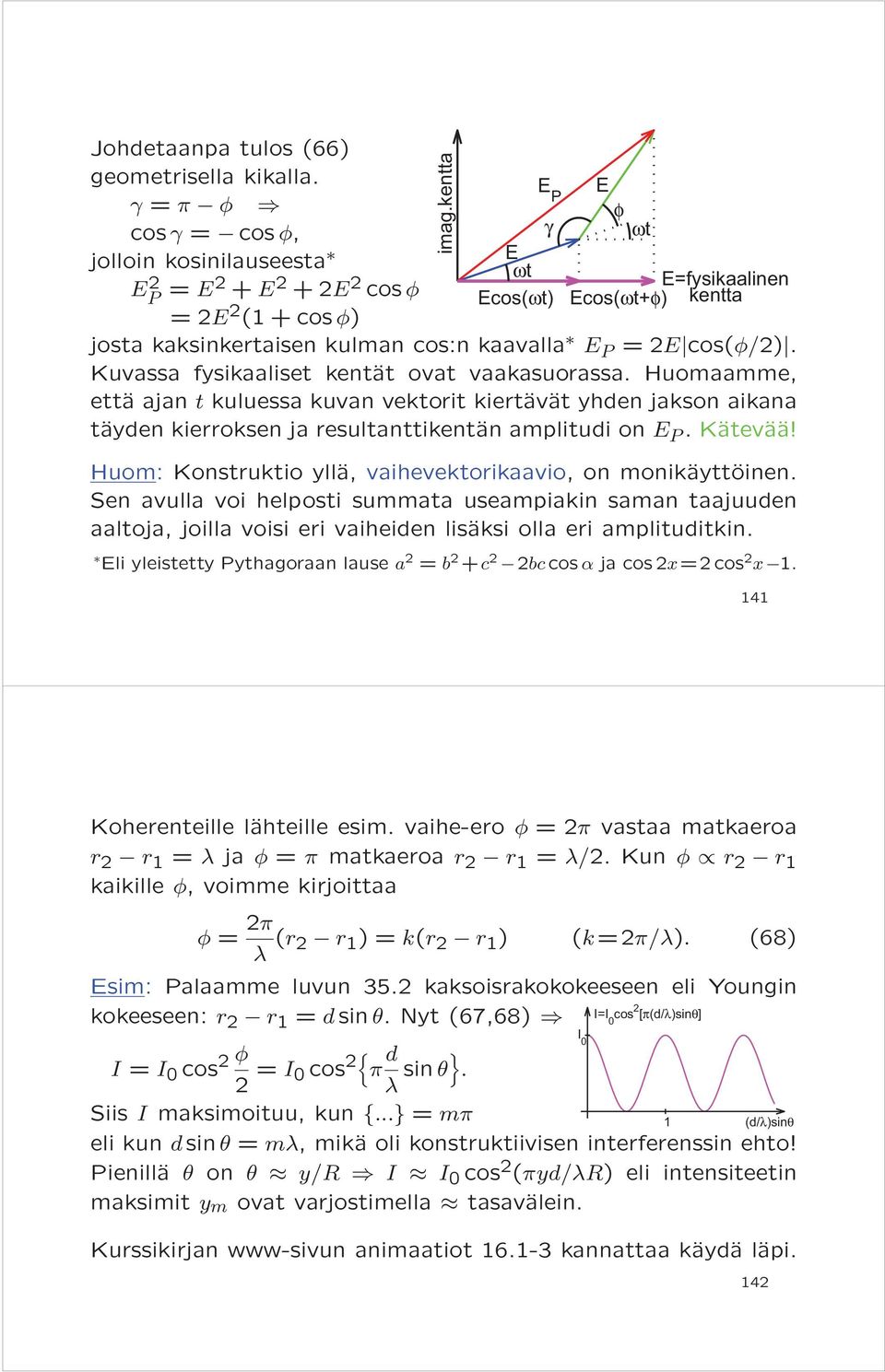 P =2E cos(φ/2). Kuvassa fysikaaliset kentät ovat vaakasuorassa. Huomaamme, että ajan t kuluessa kuvan vektorit kiertävät yhden jakson aikana täyden kierroksen ja resultanttikentän amplitudi on E P.