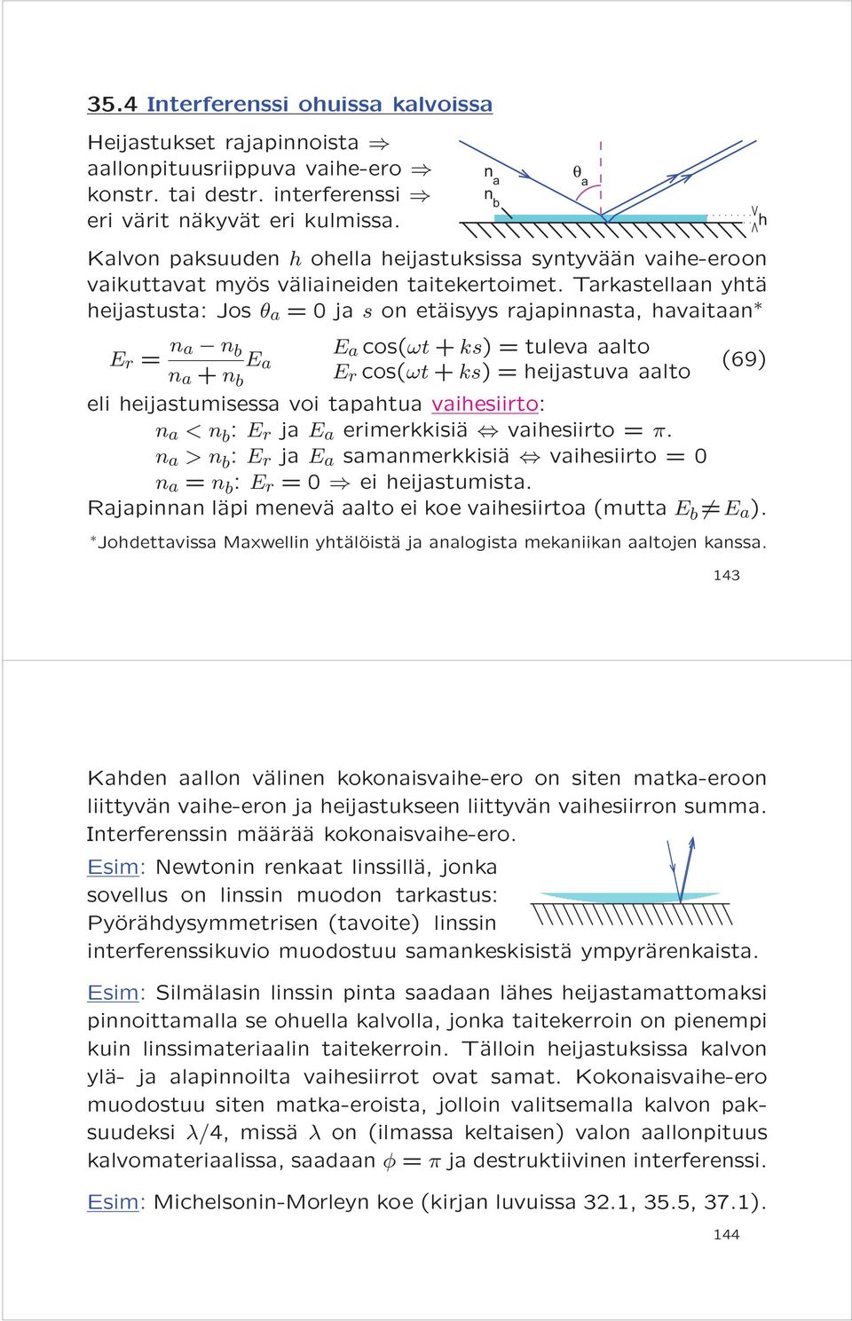 Tarkastellaan yhtä heijastusta: Jos θ a =0jas on etäisyys rajapinnasta, havaitaan E r = n a n b n a + n b E a E a cos(ωt + ks) = tuleva aalto E r cos(ωt + ks) = heijastuva aalto (69) eli