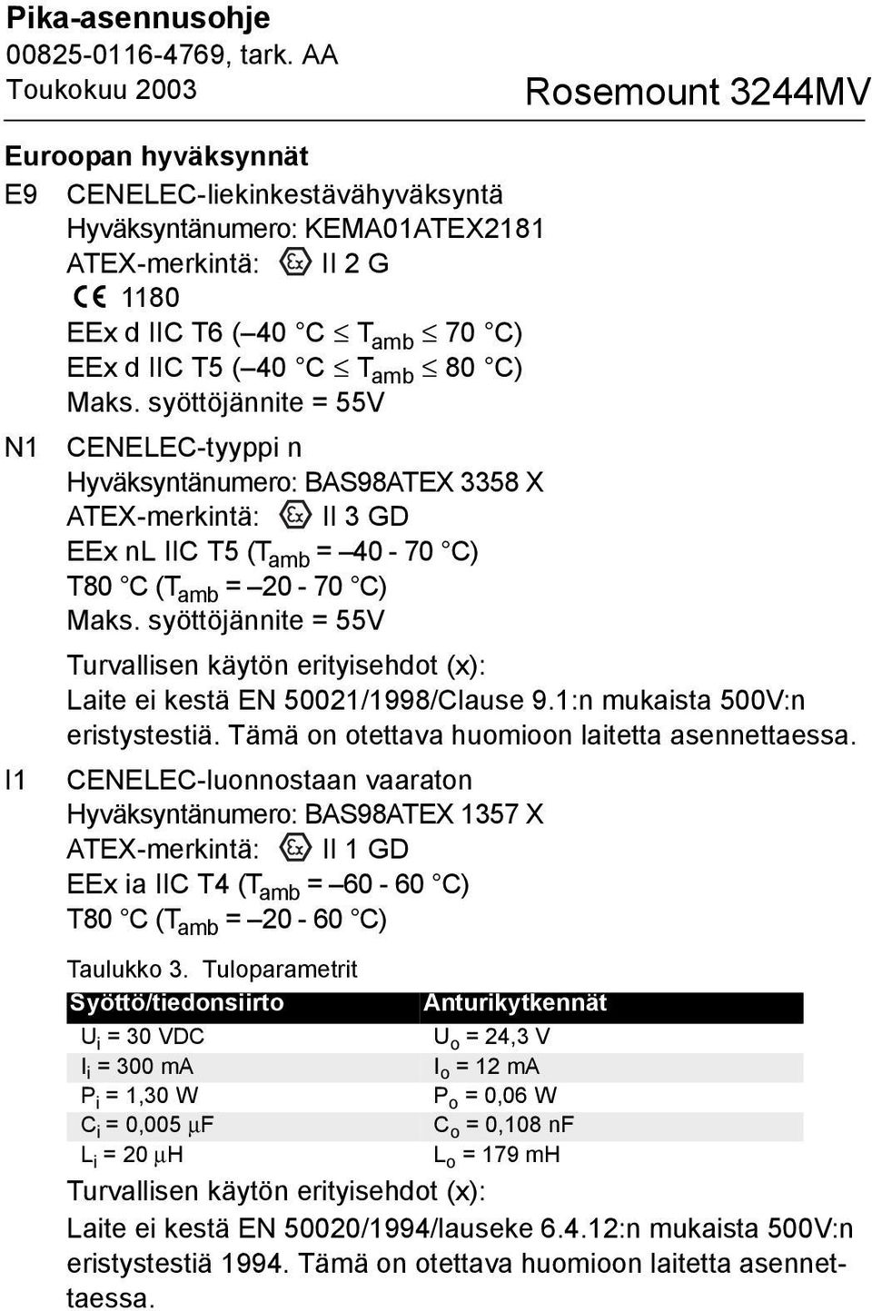 syöttöjännite = 55V Turvallisen käytön erityisehdot (x): Laite ei kestä EN 50021/1998/Clause 9.1:n mukaista 500V:n eristystestiä. Tämä on otettava huomioon laitetta asennettaessa.