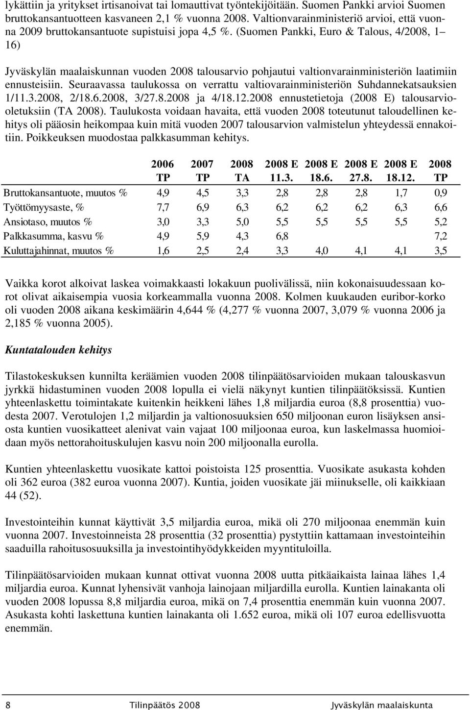 (Suomen Pankki, Euro & Talous, 4/2008, 1 16) Jyväskylän maalaiskunnan vuoden 2008 talousarvio pohjautui valtionvarainministeriön laatimiin ennusteisiin.