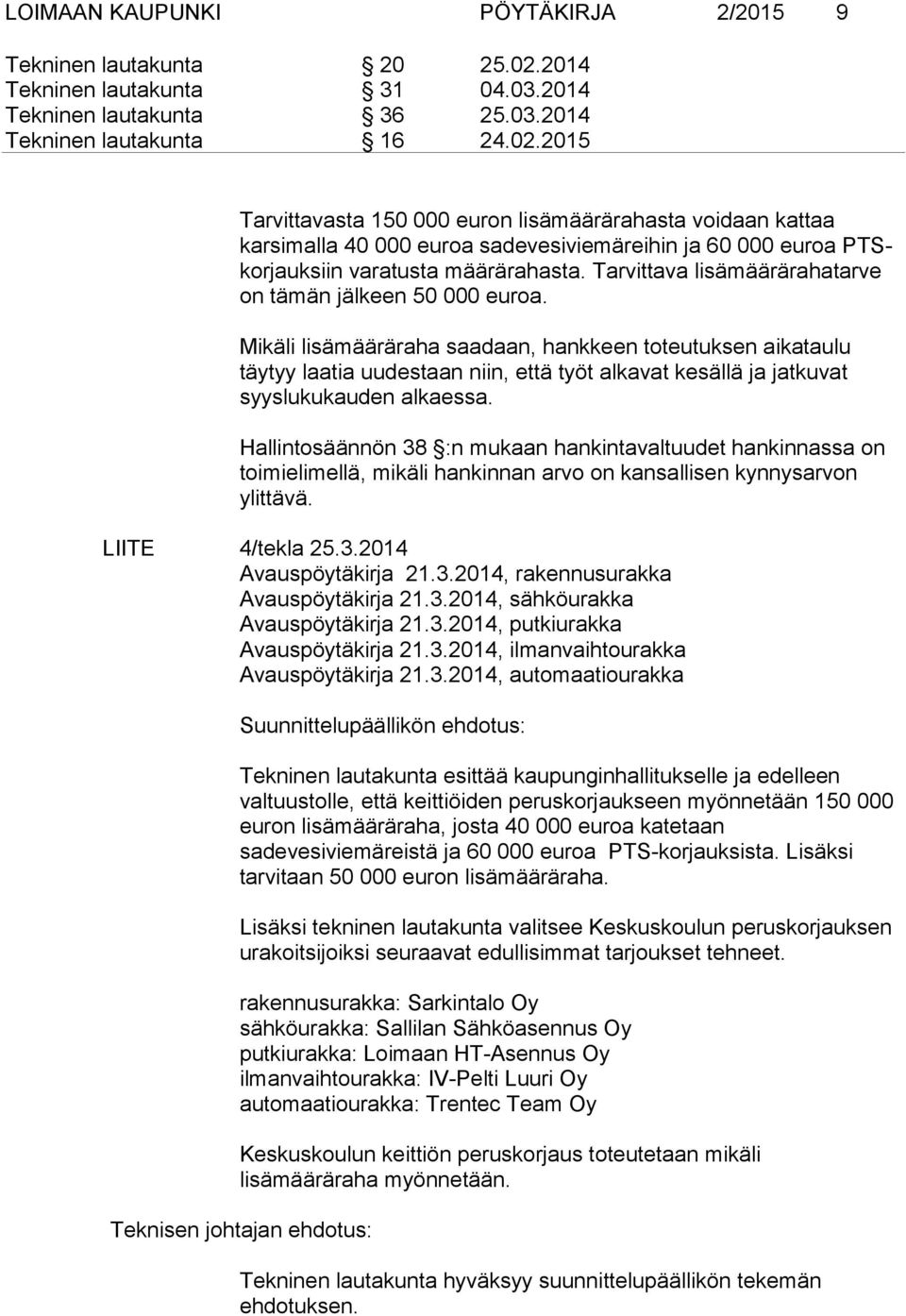 2015 Tarvittavasta 150 000 euron lisämäärärahasta voidaan kattaa karsimalla 40 000 euroa sadevesiviemäreihin ja 60 000 euroa PTSkorjauksiin varatusta määrärahasta.