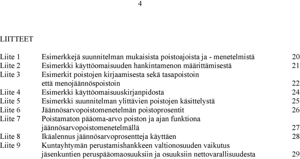 poistojen käsittelystä 25 Liite 6 Jäännösarvopoistomenetelmän poistoprosentit 26 Liite 7 Poistamaton pääoma-arvo poiston ja ajan funktiona jäännösarvopoistomenetelmällä 27