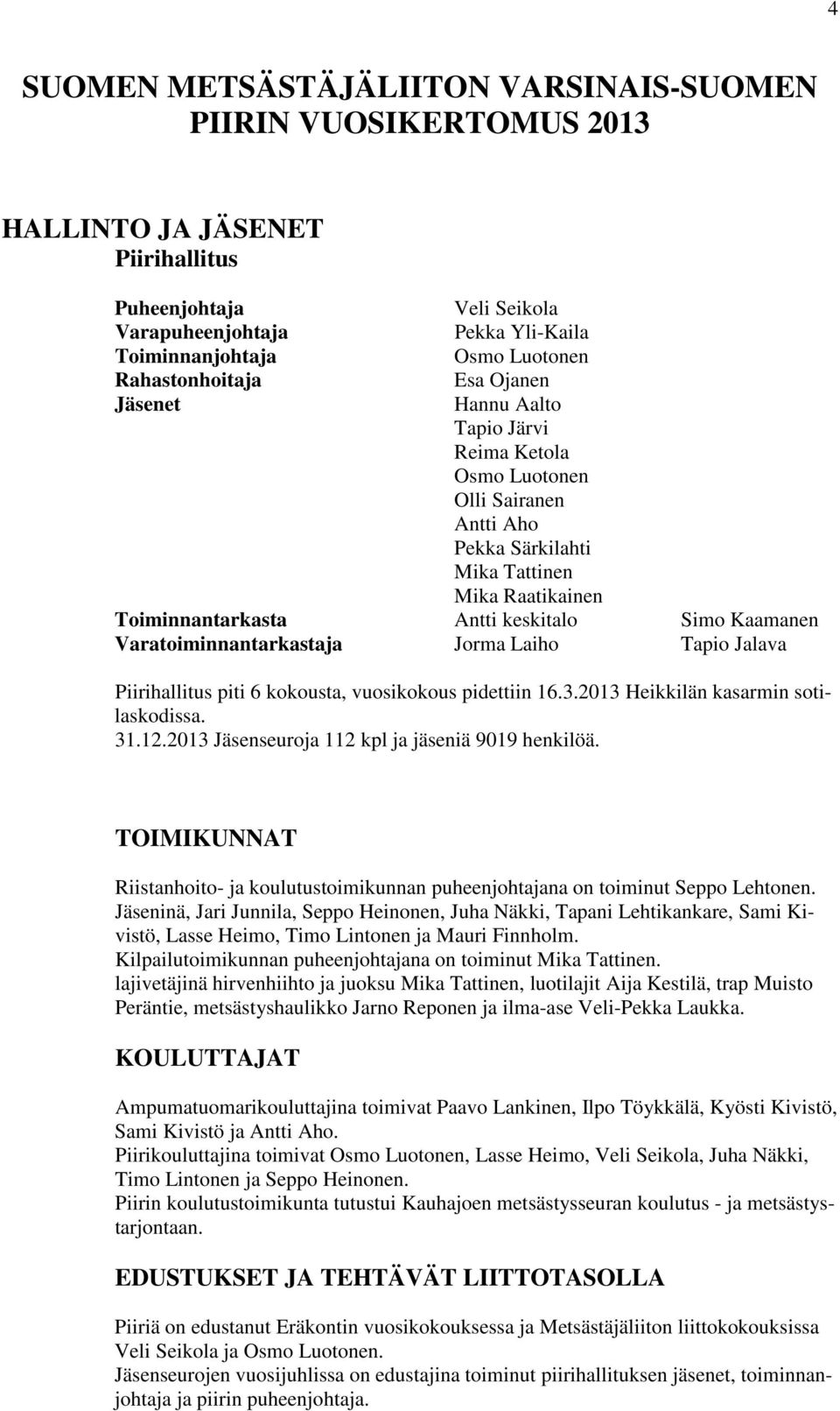 Kaamanen Varatoiminnantarkastaja Jorma Laiho Tapio Jalava Piirihallitus piti 6 kokousta, vuosikokous pidettiin 16.3.2013 Heikkilän kasarmin sotilaskodissa. 31.12.