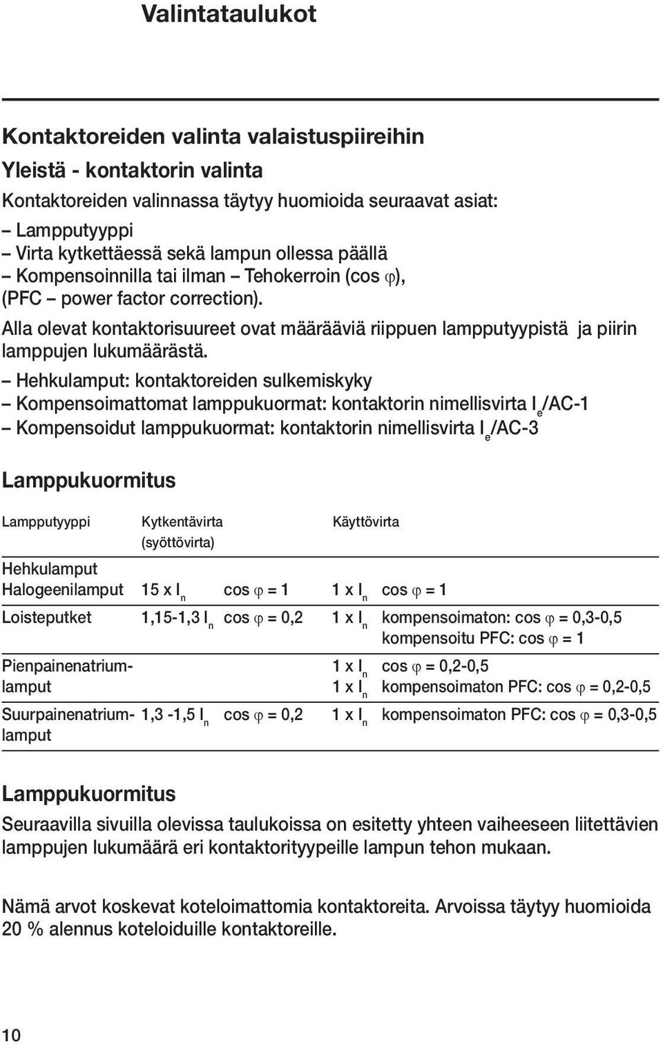 Hehkulamput: kontaktoreiden sulkemiskyky Kompensoimattomat lamppukuormat: kontaktorin nimellisvirta I e /AC-1 Kompensoidut lamppukuormat: kontaktorin nimellisvirta I e /AC-3 Lamppukuormitus