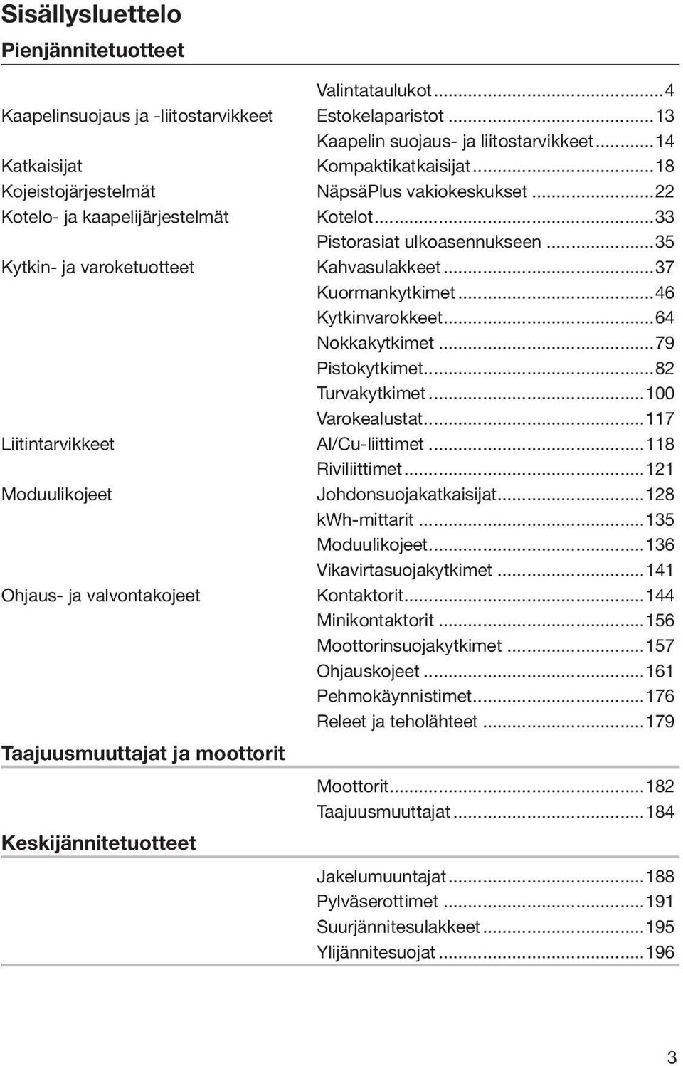 ..46 Kytkinvarokkeet...64 Nokkakytkimet...79 Pistokytkimet...82 Turvakytkimet...100 Varokealustat...117 Liitintarvikkeet Al/Cu-liittimet...118 Riviliittimet...121 Moduulikojeet Johdonsuojakatkaisijat.