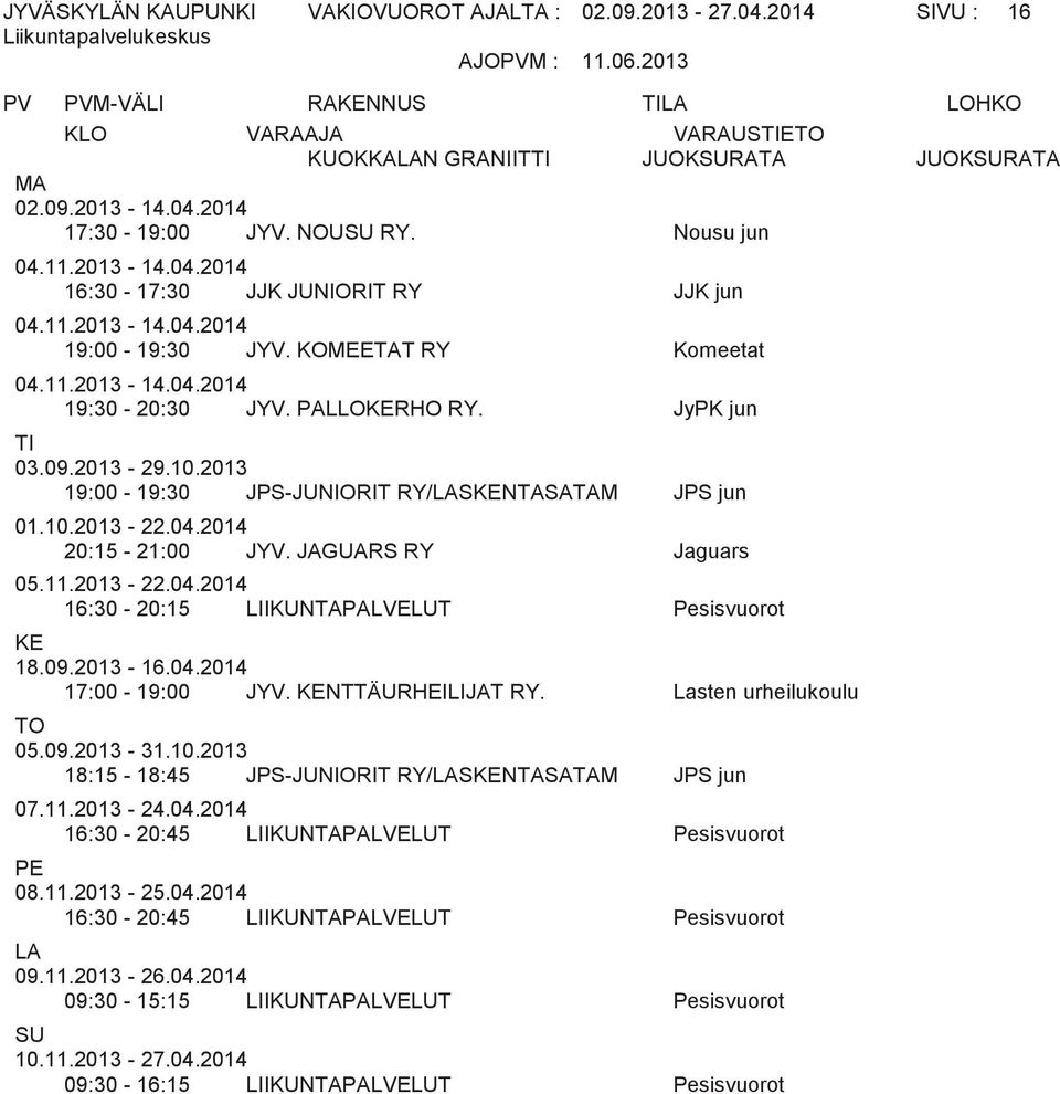 04.2014 20:15-21:00 JYV. JAGUARS RY Jaguars 05.11.2013-22.04.2014 16:30-20:15 LIIKUNTAPALVELUT Pesisvuorot KE 18.09.2013-16.04.2014 17:00-19:00 JYV. KENTTÄURHEILIJAT RY. Lasten urheilukoulu TO 05.09.2013-31.