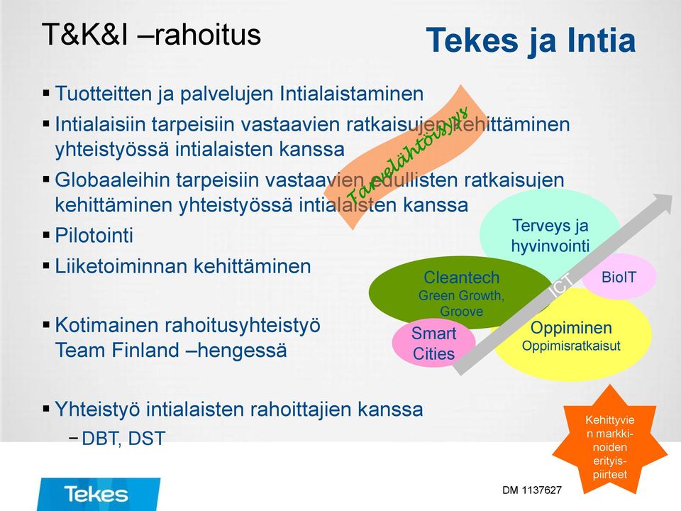 Pilotointi Liiketoiminnan kehittäminen Kotimainen rahoitusyhteistyö Team Finland hengessä Cleantech Green Growth, Groove Smart Cities
