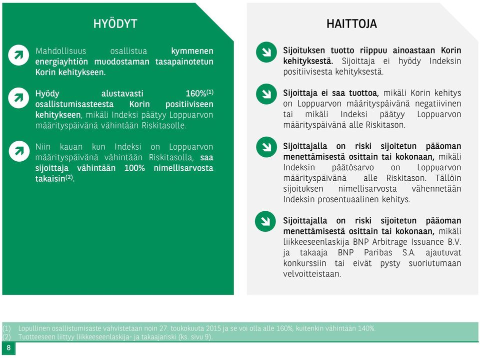 Hyödy alustavasti 160% (1) osallistumisasteesta Korin positiiviseen kehitykseen, mikäli Indeksi päätyy Loppuarvon määrityspäivänä vähintään Riskitasolle.