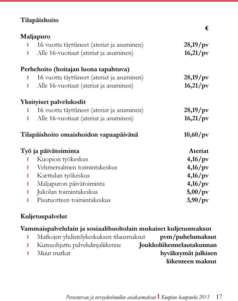 Tilapäishoito omaishoidon vapaapäivänä 10,60/pv Työ ja päivätoiminta Ateriat Kuopion työkeskus 4,16/pv Vehmersalmen toimintakeskus 4,16/pv Karttulan työkeskus 4,16/pv Maljapuron päivätoiminta 4,16/pv