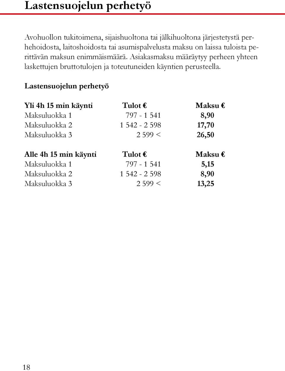 Asiakasmaksu määräytyy perheen yhteen laskettujen bruttotulojen ja toteutuneiden käyntien perusteella.