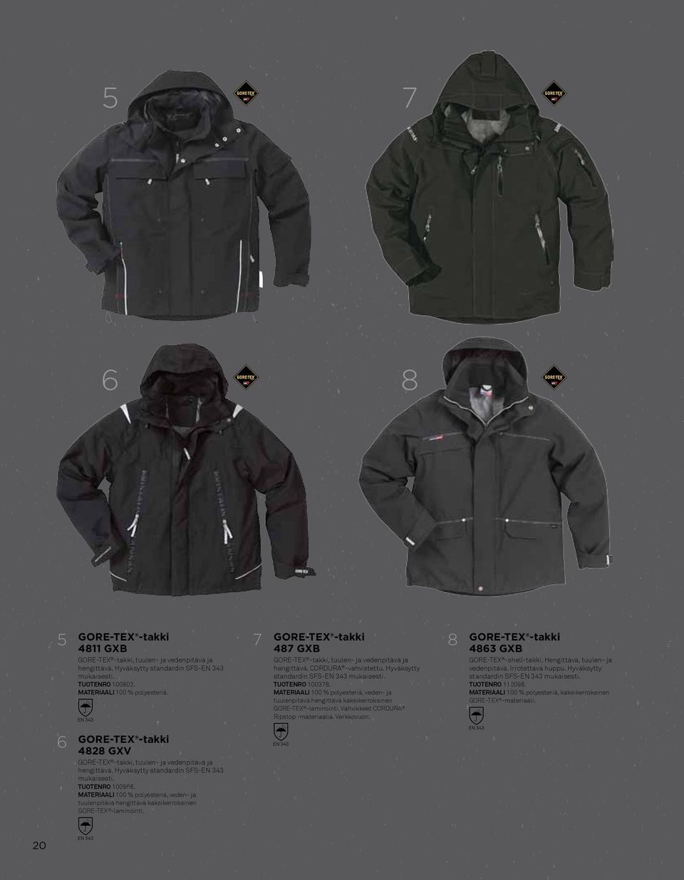 Materiaali 100 % polyesteriä, veden- ja tuulenpitävä hengittävä kaksikerroksinen GORE-TEX -laminointi. 0 7 GORE-TEX -takki 87 GXB GORE-TEX -takki, tuulen- ja vedenpitävä ja hengittävä.