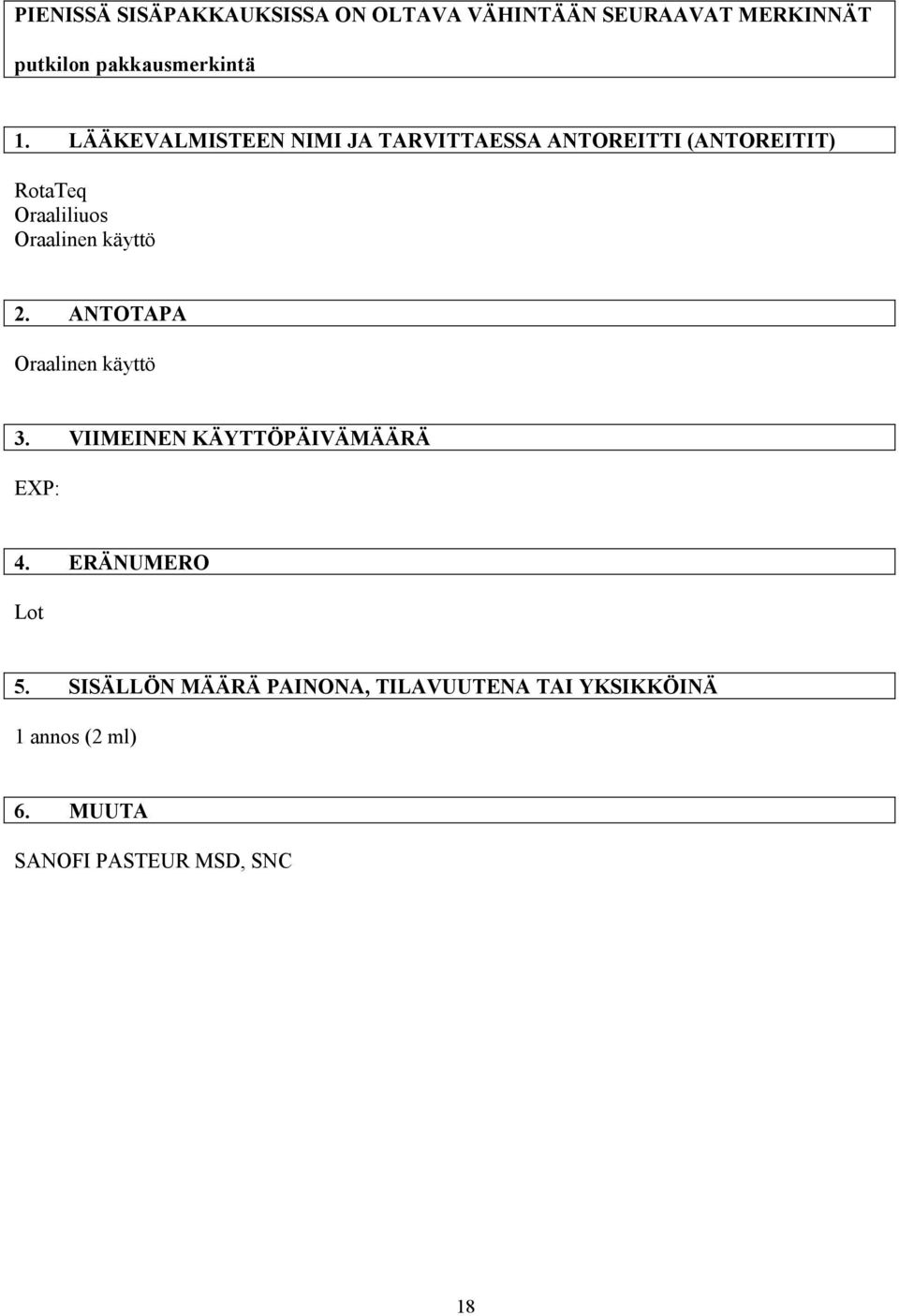 käyttö 2. ANTOTAPA Oraalinen käyttö 3. VIIMEINEN KÄYTTÖPÄIVÄMÄÄRÄ EXP: 4. ERÄNUMERO Lot 5.
