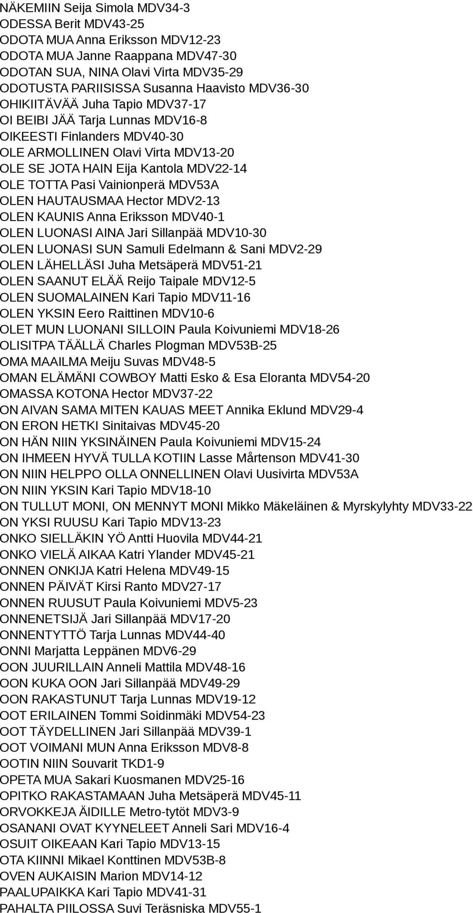 Vainionperä MDV53A OLEN HAUTAUSMAA Hector MDV2-13 OLEN KAUNIS Anna Eriksson MDV40-1 OLEN LUONASI AINA Jari Sillanpää MDV10-30 OLEN LUONASI SUN Samuli Edelmann & Sani MDV2-29 OLEN LÄHELLÄSI Juha