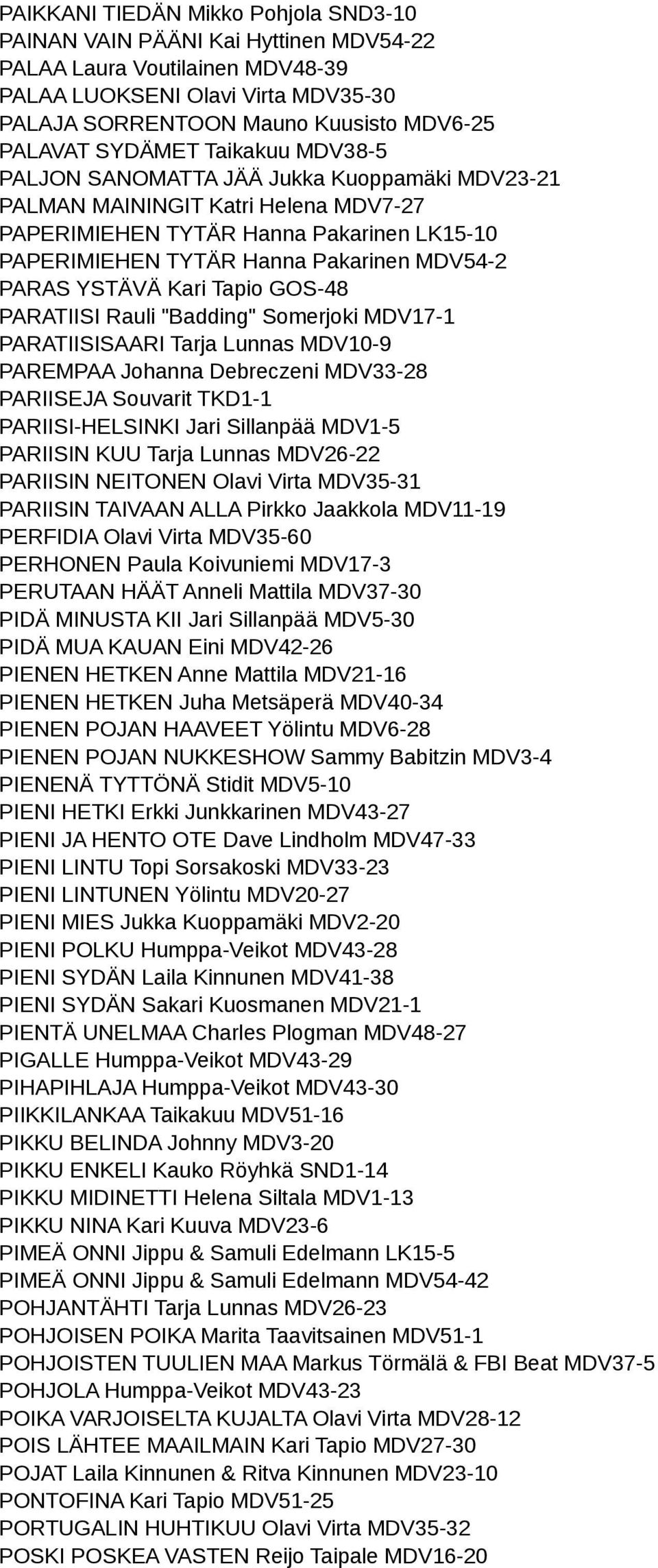 PARAS YSTÄVÄ Kari Tapio GOS-48 PARATIISI Rauli "Badding" Somerjoki MDV17-1 PARATIISISAARI Tarja Lunnas MDV10-9 PAREMPAA Johanna Debreczeni MDV33-28 PARIISEJA Souvarit TKD1-1 PARIISI-HELSINKI Jari