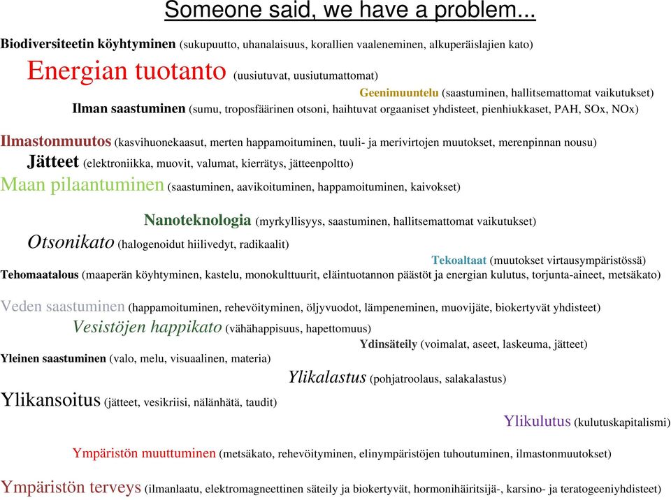 vaikutukset) Ilman saastuminen (sumu, troposfäärinen otsoni, haihtuvat orgaaniset yhdisteet, pienhiukkaset, PAH, SOx, NOx) Ilmastonmuutos (kasvihuonekaasut, merten happamoituminen, tuuli- ja