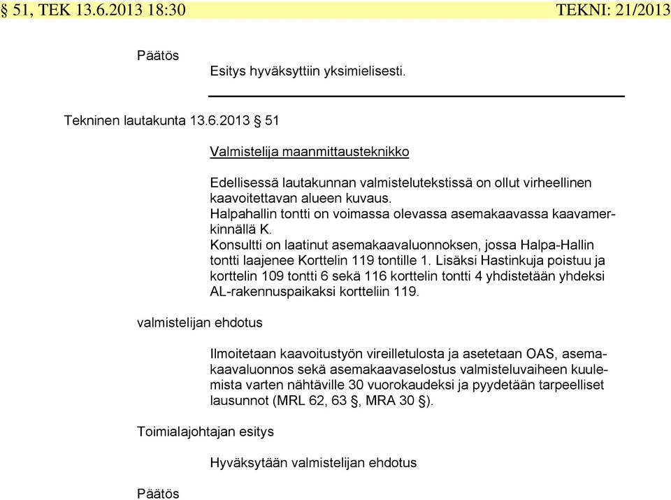 2013 51 valmistelijan ehdotus Toimialajohtajan esitys Päätös Valmistelija maanmittausteknikko Edellisessä lautakunnan valmistelutekstissä on ollut virheellinen kaavoitettavan alueen kuvaus.