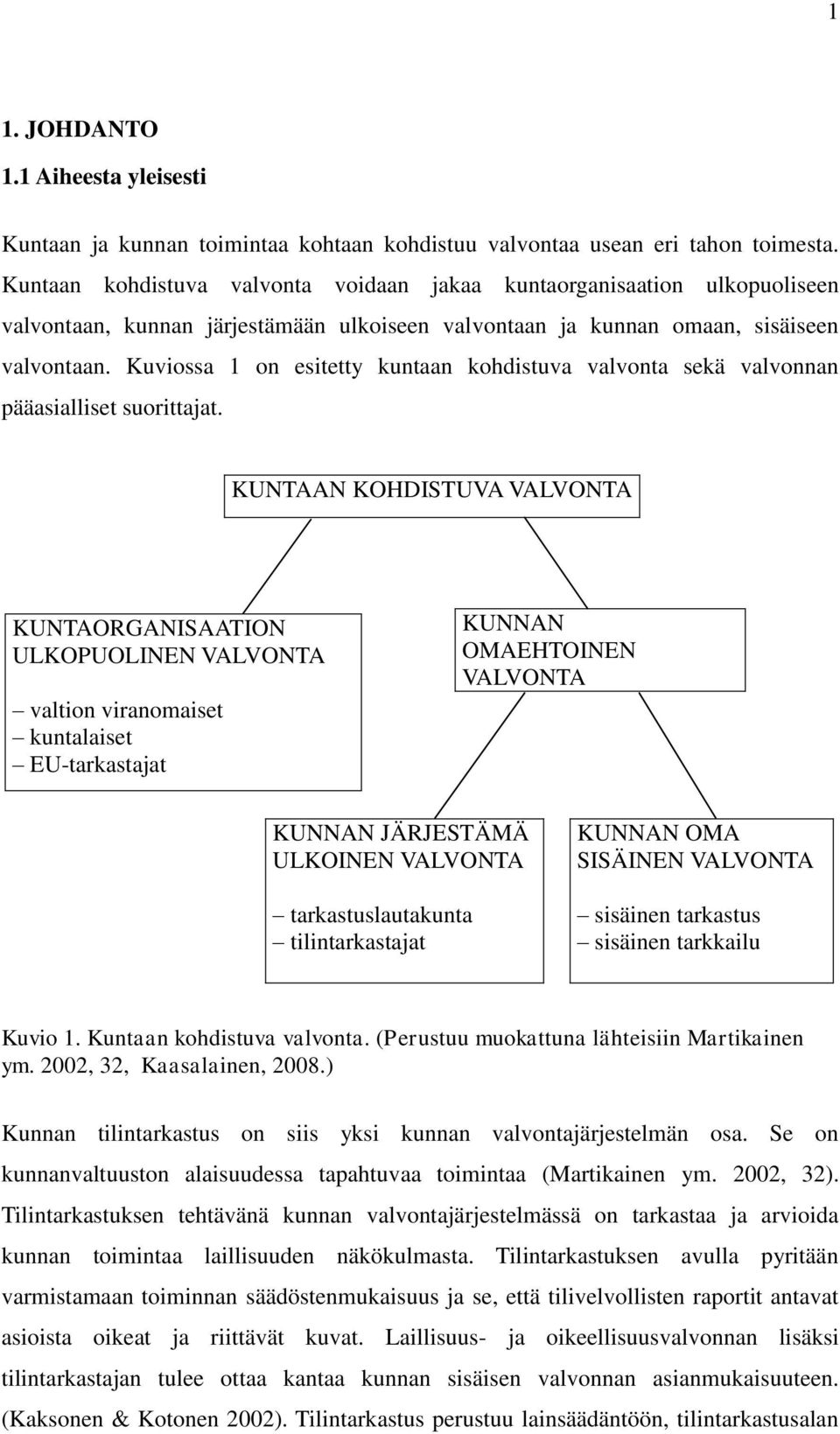 Kuviossa 1 on esitetty kuntaan kohdistuva valvonta sekä valvonnan pääasialliset suorittajat.