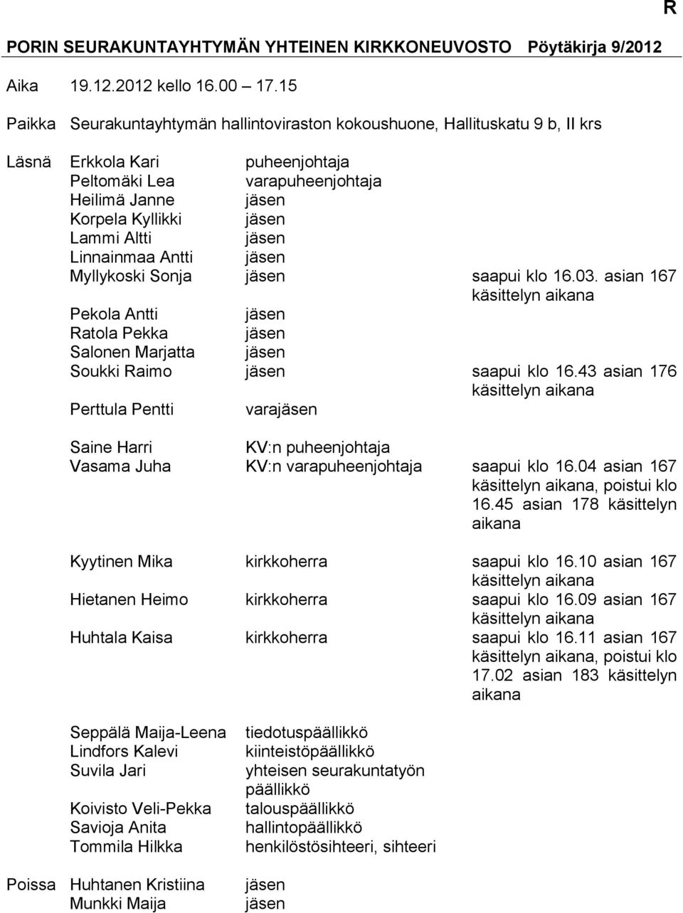 Altti jäsen Linnainmaa Antti jäsen Myllykoski Sonja jäsen saapui klo 16.03. asian 167 käsittelyn aikana Pekola Antti jäsen Ratola Pekka jäsen Salonen Marjatta jäsen Soukki Raimo jäsen saapui klo 16.