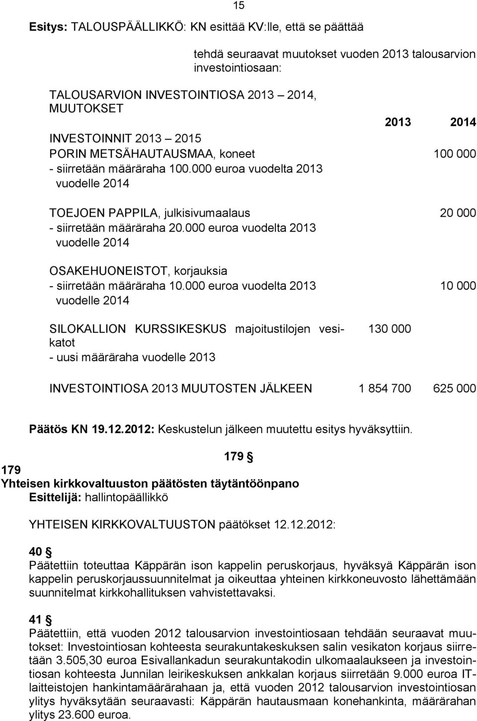 000 euroa vuodelta 2013 vuodelle 2014 OSAKEHUONEISTOT, korjauksia - siirretään määräraha 10.