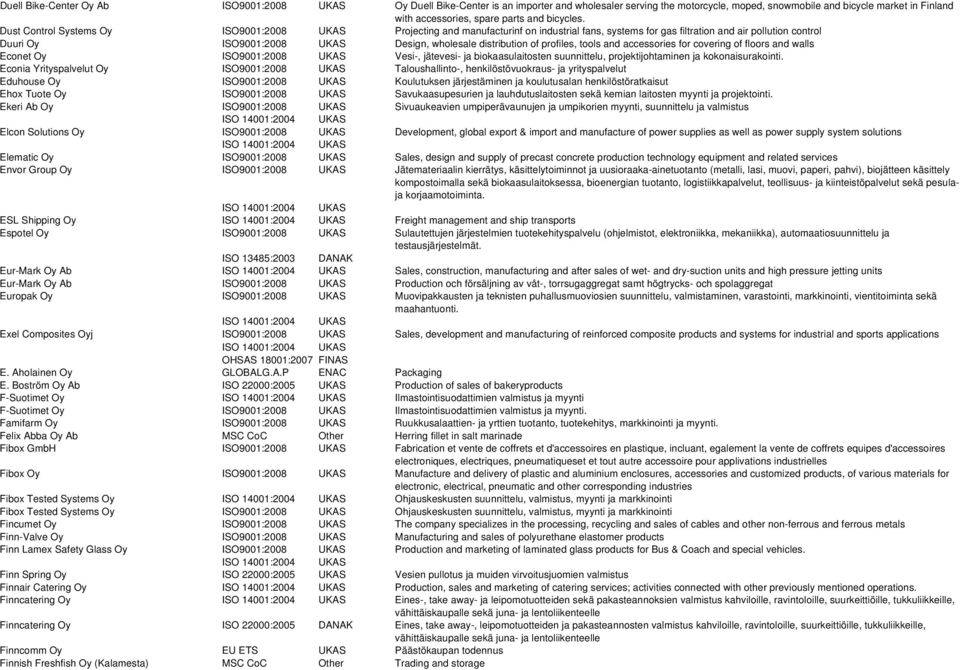 Dust Control Systems Oy ISO9001:2008 UKAS Projecting and manufacturinf on industrial fans, systems for gas filtration and air pollution control Duuri Oy ISO9001:2008 UKAS Design, wholesale